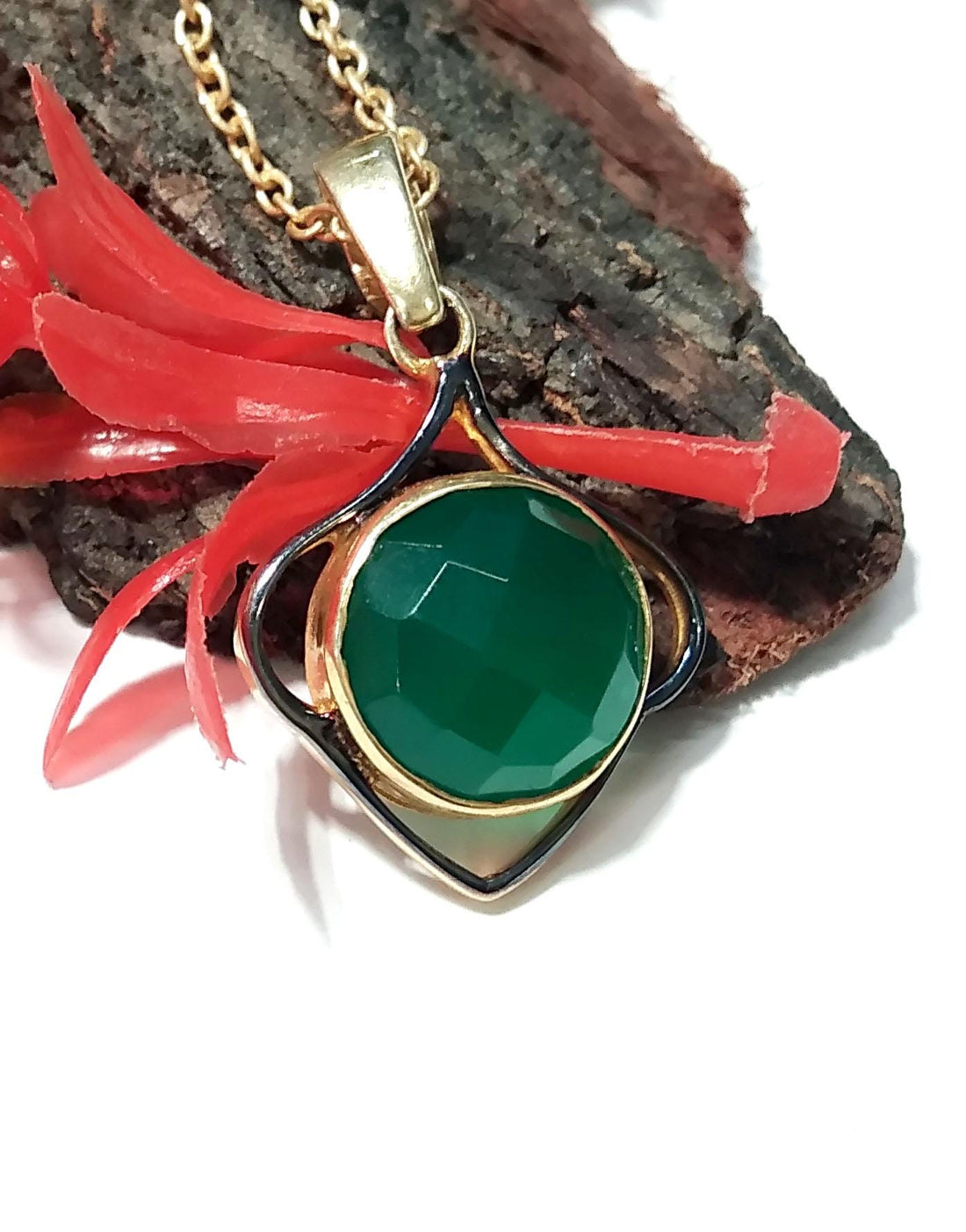 Natural Green Onyx Checker Cut Stone Chain Pendant, 925 Starling Silver Gold/Black Plated Pendant Jewelry Round Shape Gift Easter Pendant