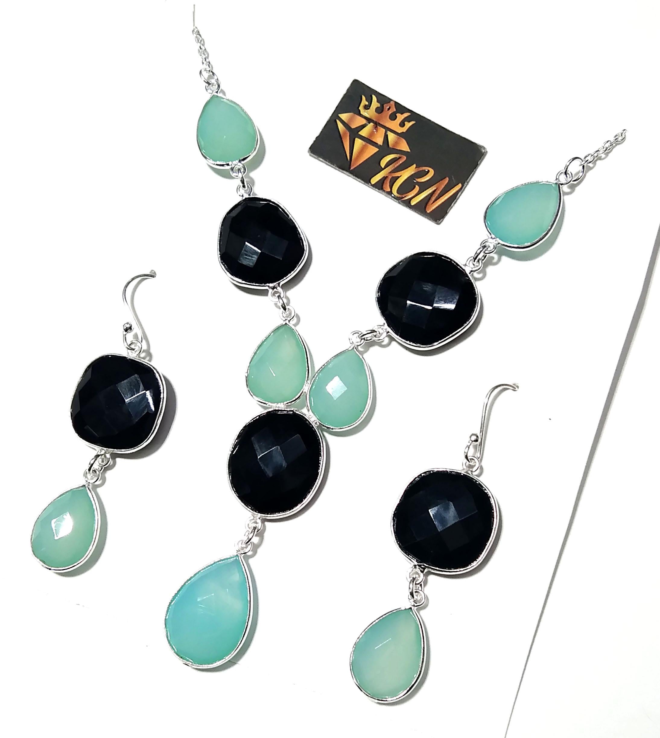 Natural Black Onyx & Chalcedony Stone Drop Earring And Necklace Jewelry Set, 925 Solid Sterling Silver Necklace Earring Jewelry Gift For Her