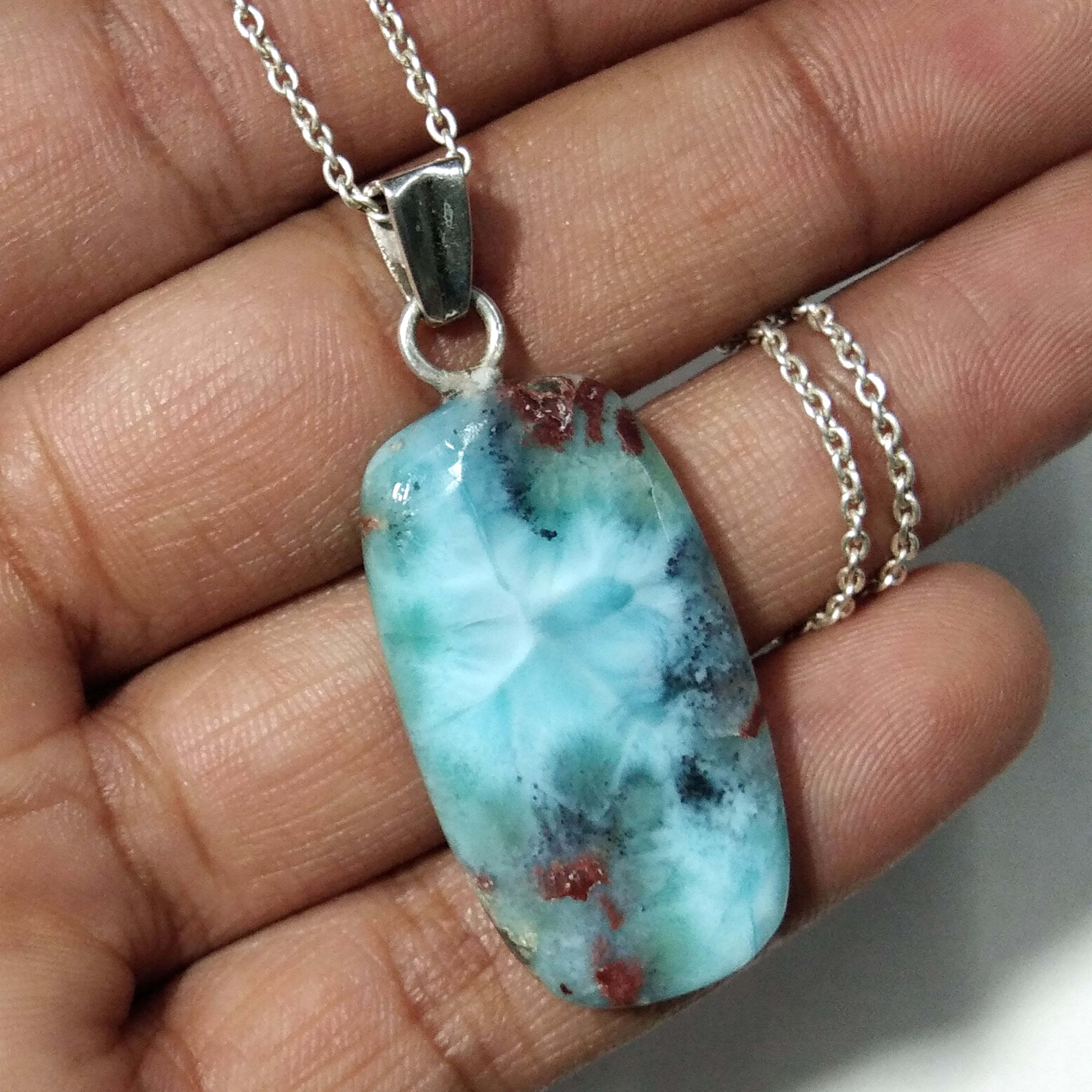 Natural Larimar Gemstone Necklace Chain Pendant, 925 Starling Silver Pendant Necklace, Handmade Jewelry Stone Size 33x18mm Stone Pendant