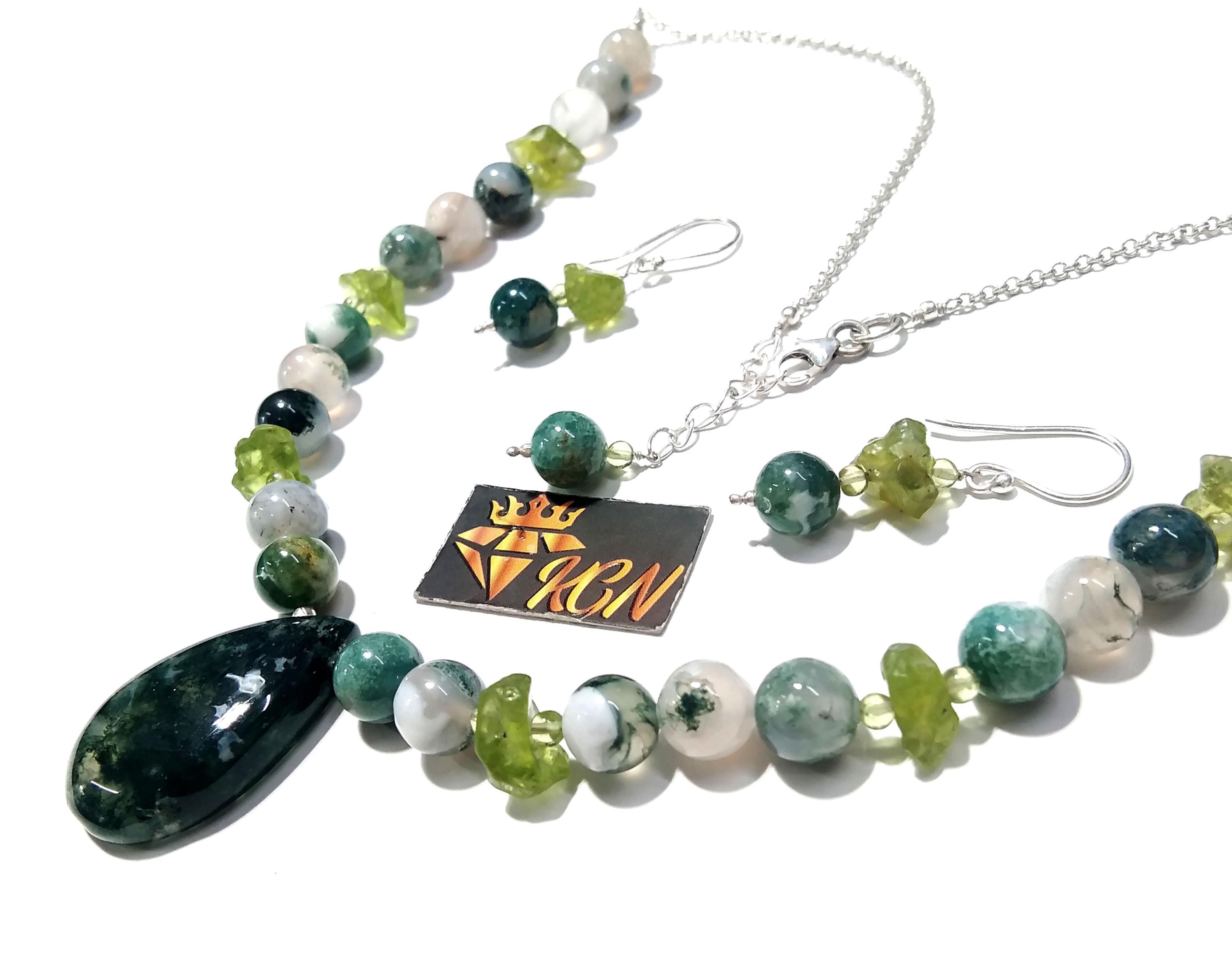 Fabulous Natural Moss Agate/Peridot Gemstone Beads Necklace Set Jewelry, 925 Sterling Silver Necklace Beaded Necklace Statement For Jewelry
