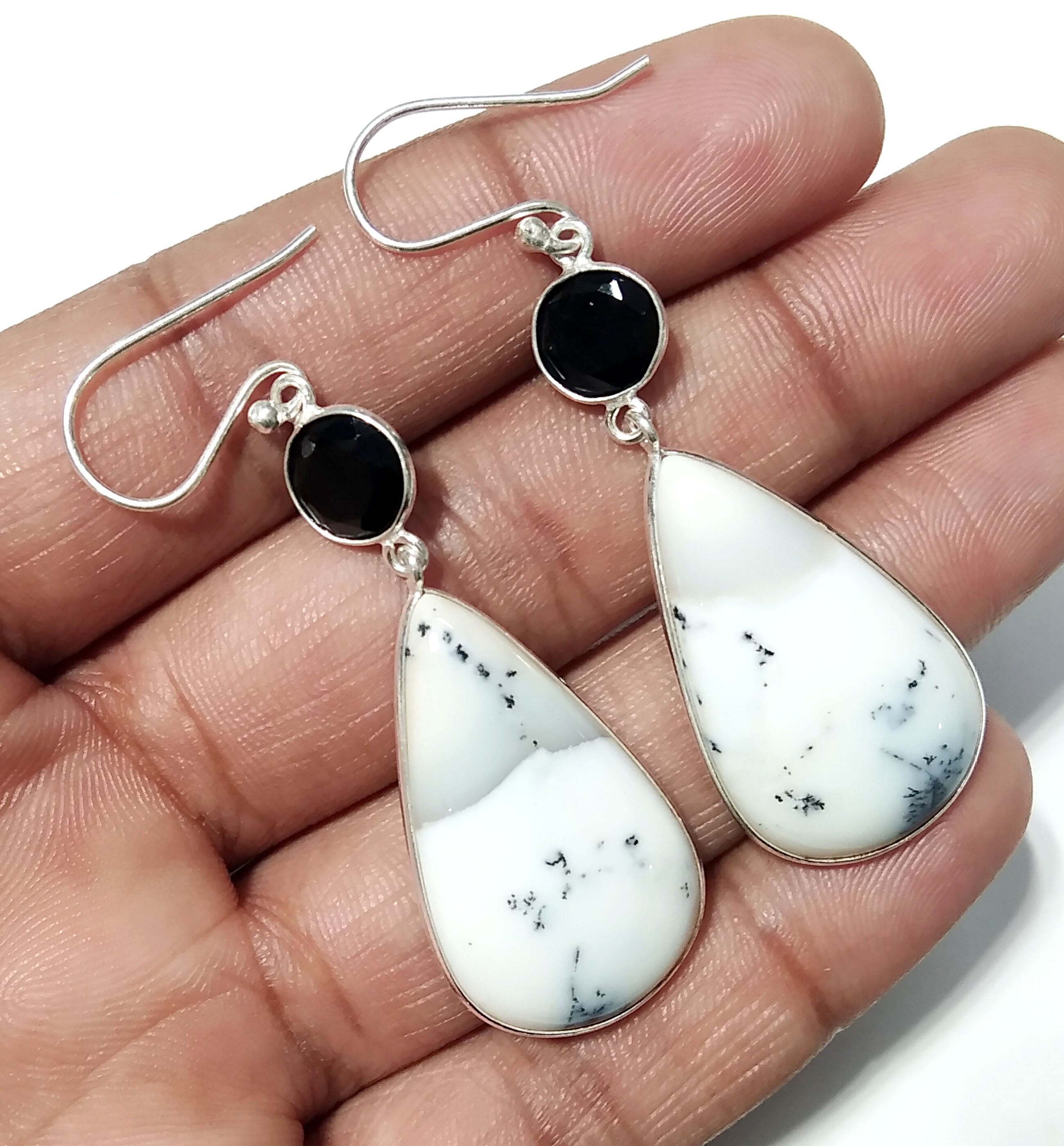 Natural Dendrite Opal,Black Spinel Gemstone Earring, 925 Solid Starling Silver Earring, Opal Stone Size 29x17 mm Gift Dangle Earring Jewelry