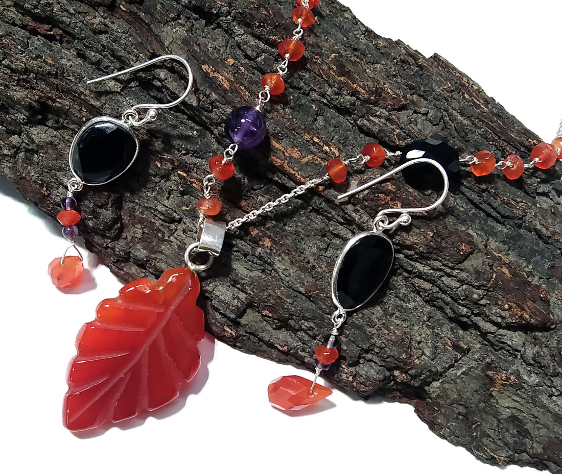 Natural Orange Carnelian/Black Onyx Gemstone Beads Necklace Set Jewelry, 925 Sterling Silver Necklace Beaded Necklace Statement for Jewelry