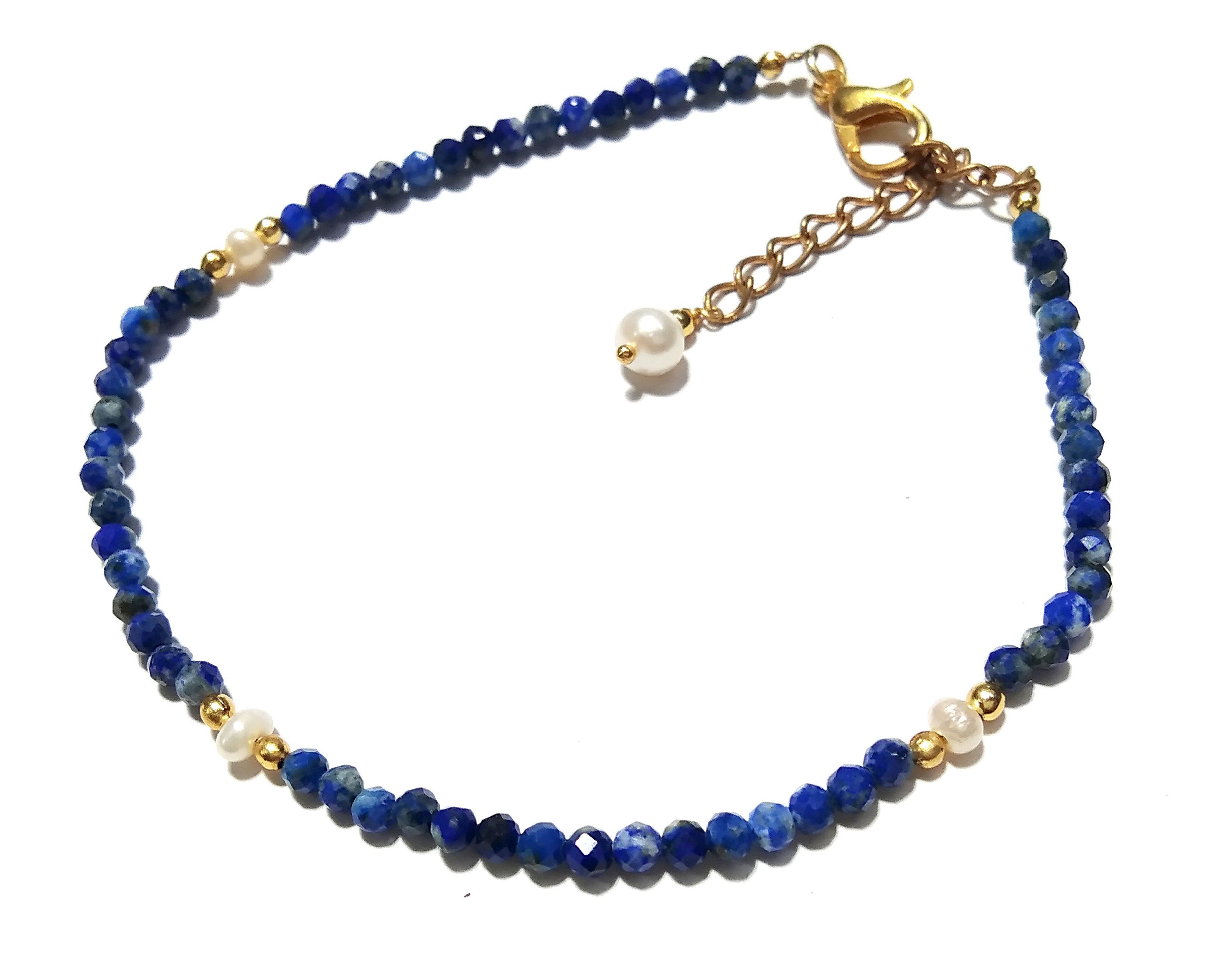Natural Lapis Lazuli Faceted & Pearl Bracelet, 925 Sterling Silver Stone Bracelet, Top Amazing Quality Gold Silver Making Pearl Bracelet