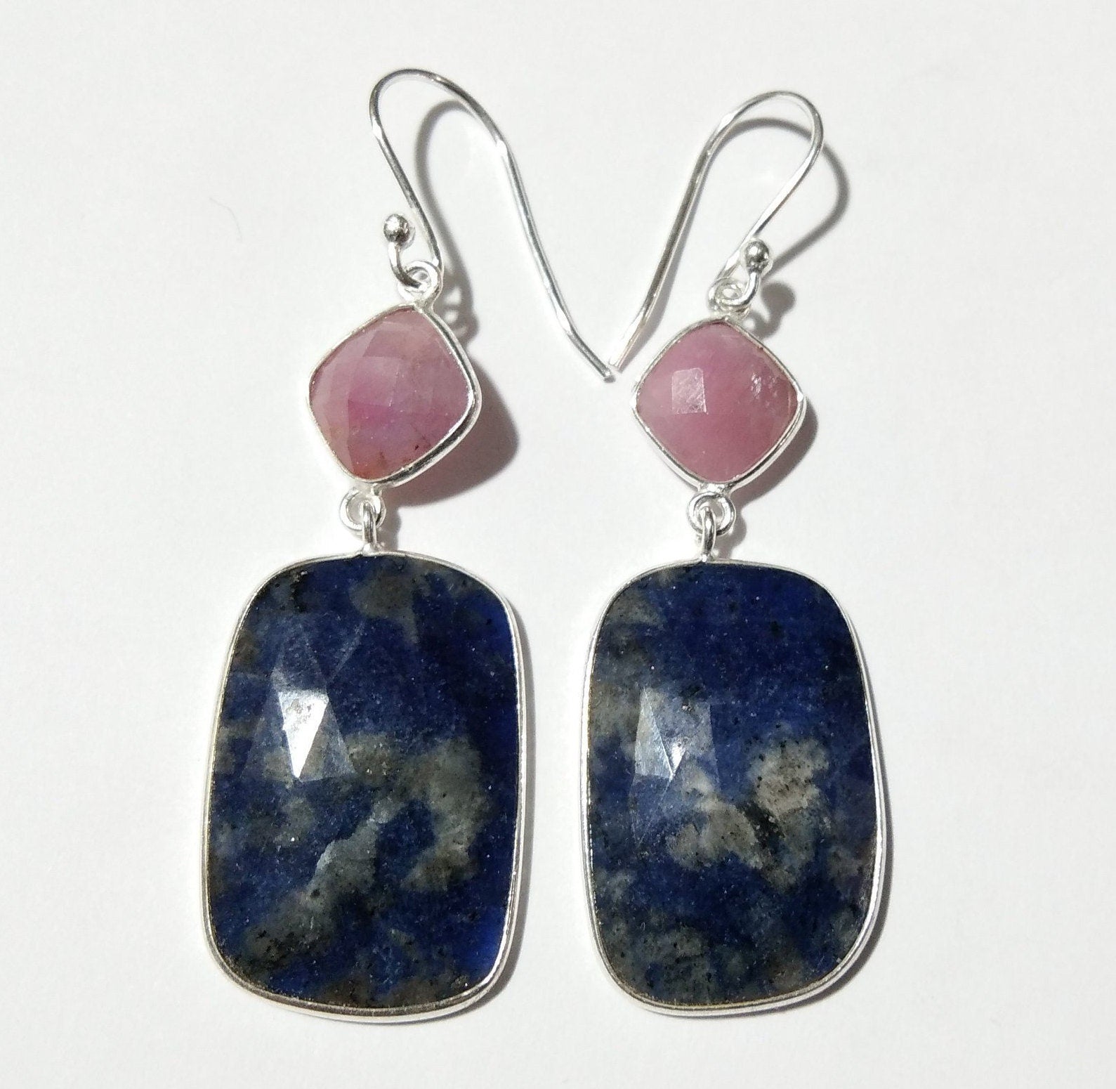 Beautiful Earring, Pink Sapphire, Blue Jade Natural Gemstone Faceted Earring, 925 Starling Silver Earring, Handmade Bezel Earring For Women.