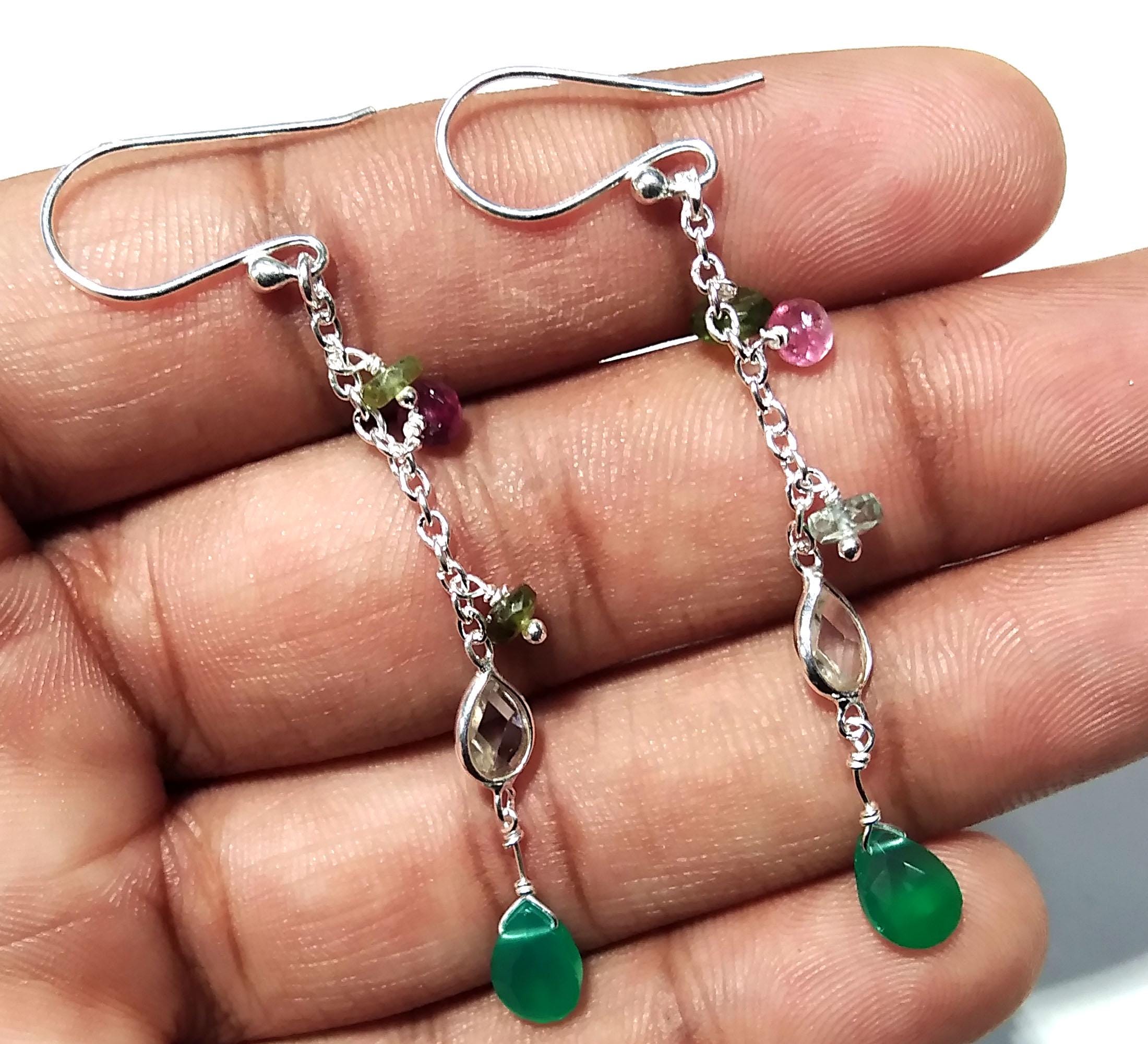 Natural Multi Tourmaline And Green Onyx Gemstone Earrings, 925 Sterling Silver Earring Handmade Making Jewelry Earring, For Girls & Women.