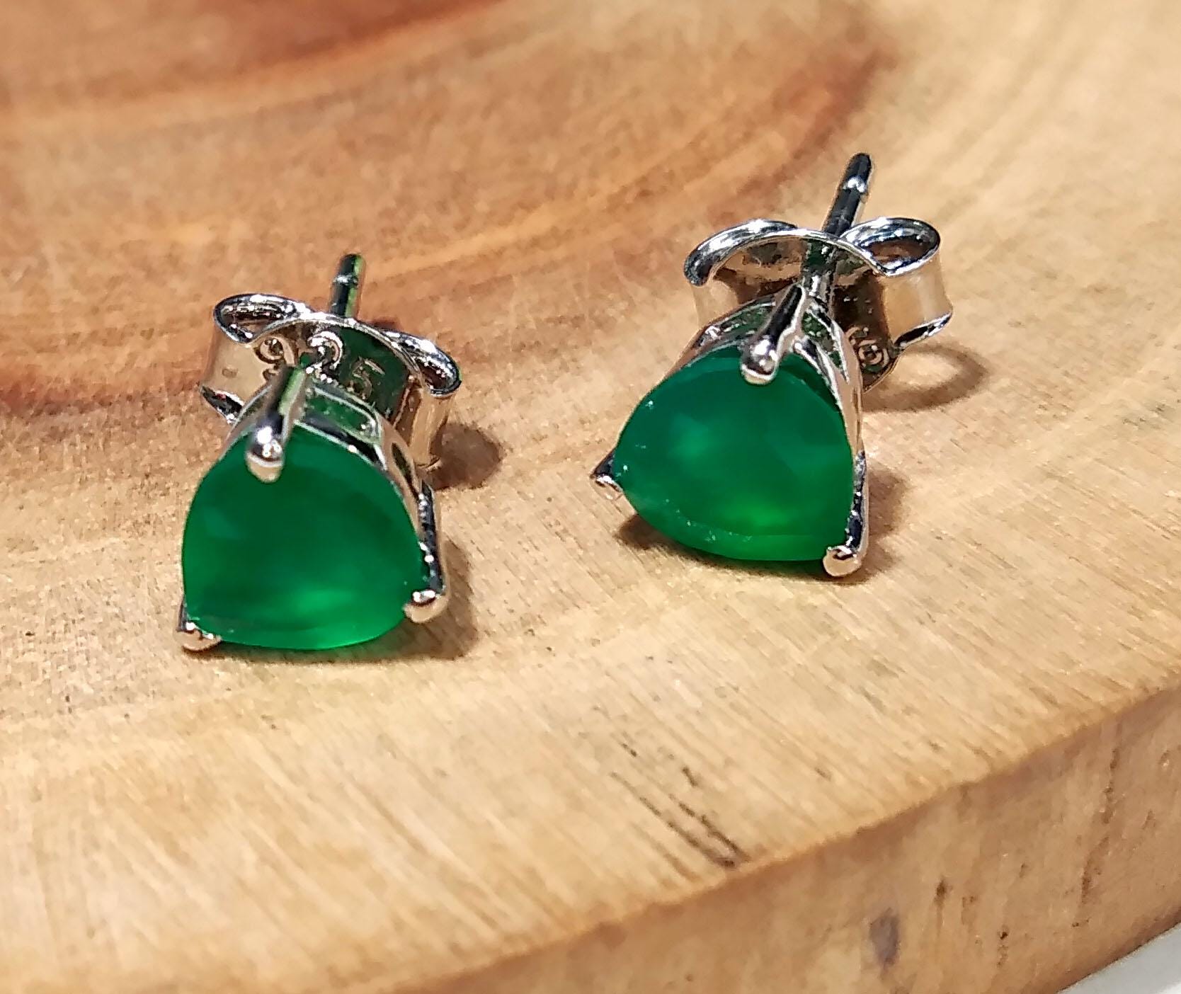 Green Onyx Faceted Stud Earrings, 925 Solid Starling Silver Earring Jewelry, Green Onyx Gemstone Heart Shape Stone Size 6x6mm Christmas Gift