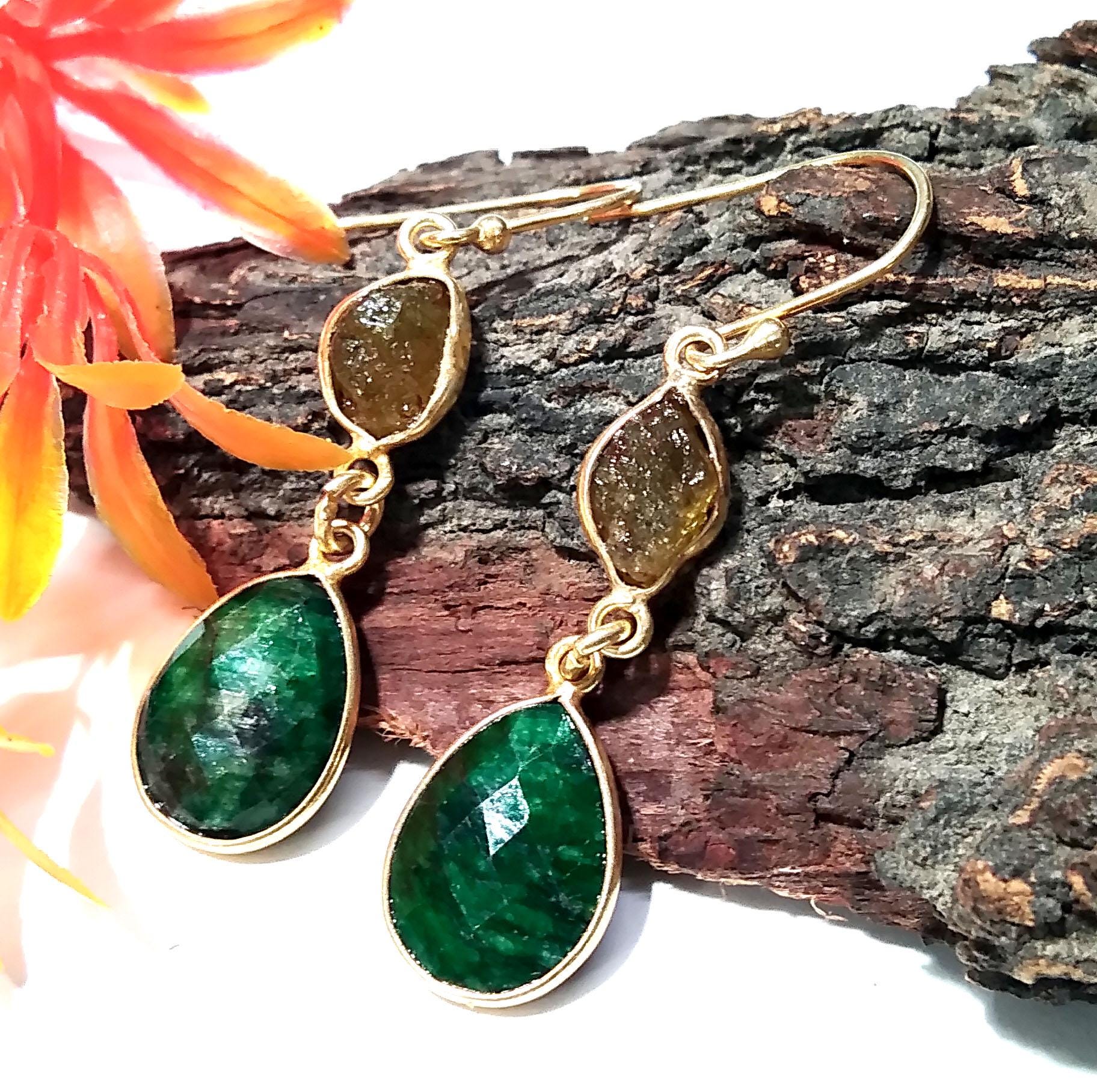 Natural Emerald Gemstone, Peridot Rough Earring, 925 Sterling Silver With Gold Plaited Earring, Beautiful Bezel Earring For Girls/Women Gift
