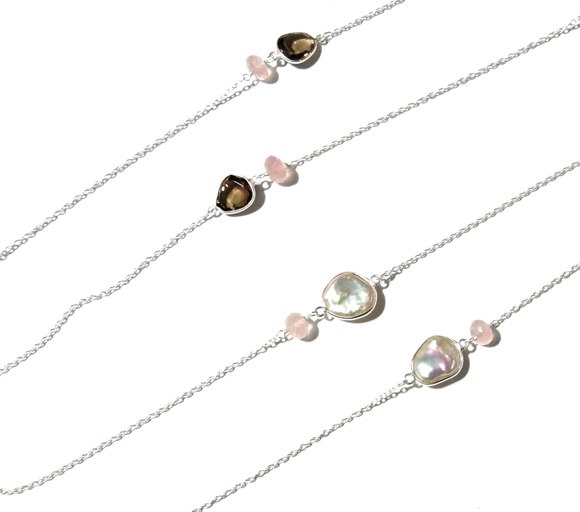 Very Beautiful Log Necklace ! Natural Gemstone Smoky Quartz, Rose Quartz & Pearl Log Beaded Necklace With 925 Starling Silver Length 40 inch