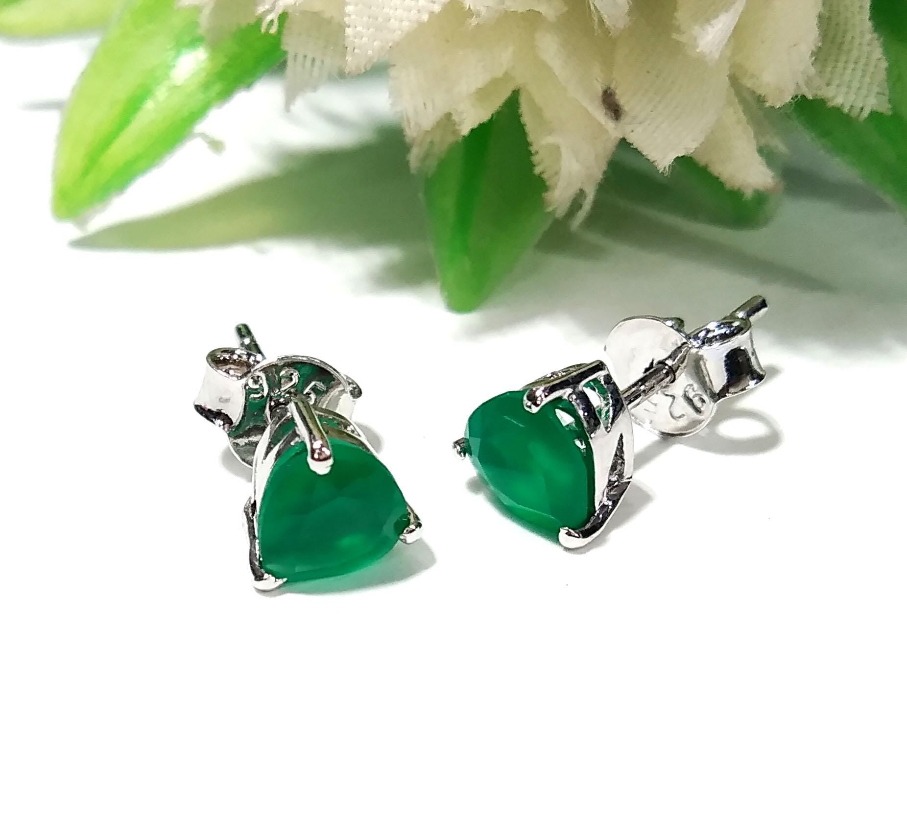 Green Onyx Faceted Stud Earrings, 925 Solid Starling Silver Earring Jewelry, Green Onyx Gemstone Heart Shape Stone Size 6x6mm Christmas Gift