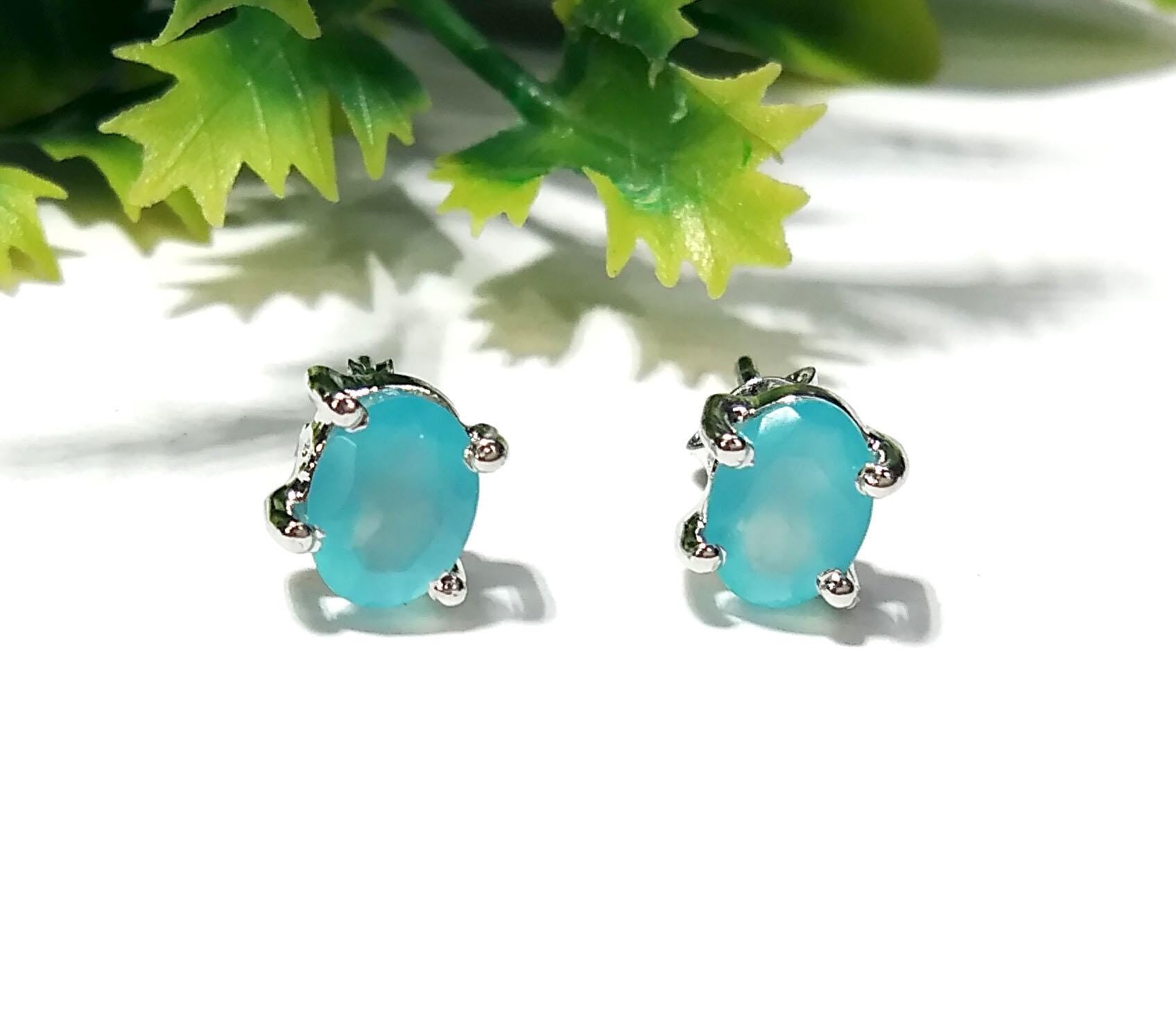 Aqua Chalcedony Stud Earrings, 925 Starling Silver Earring, Natural Aqua Chalcedony Studs Earring, Oval Shape Stone Size 7x5mm Gift For Her