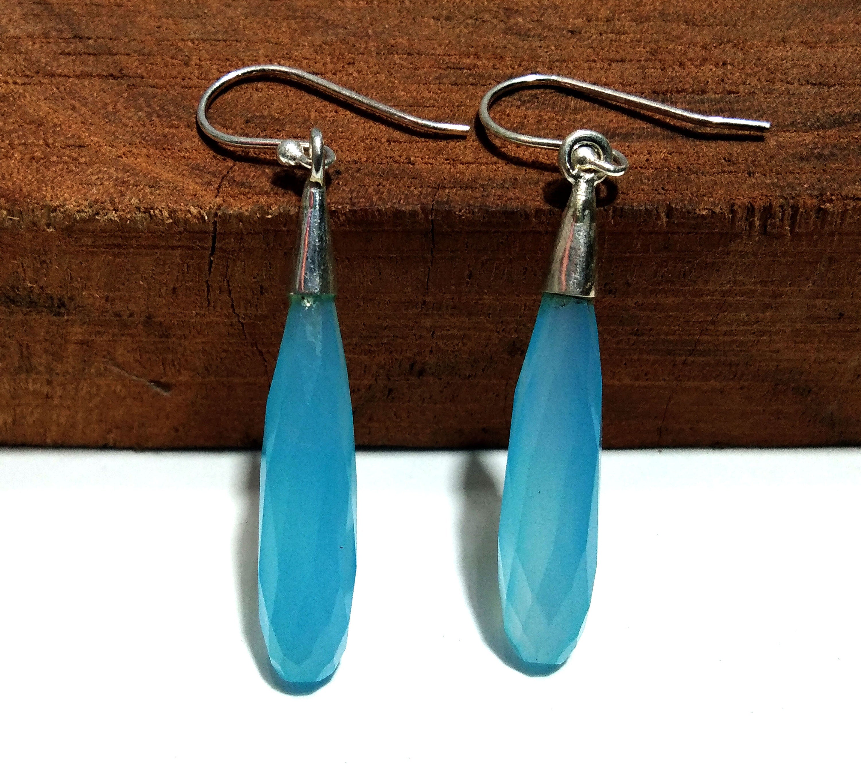 Beautiful Aqua Chalcedony Earring Gemstone, 925 Solid Starling Silver Earring Jewelry Stone Size 25x7 mm Natural Chalcedony For Gift Earring