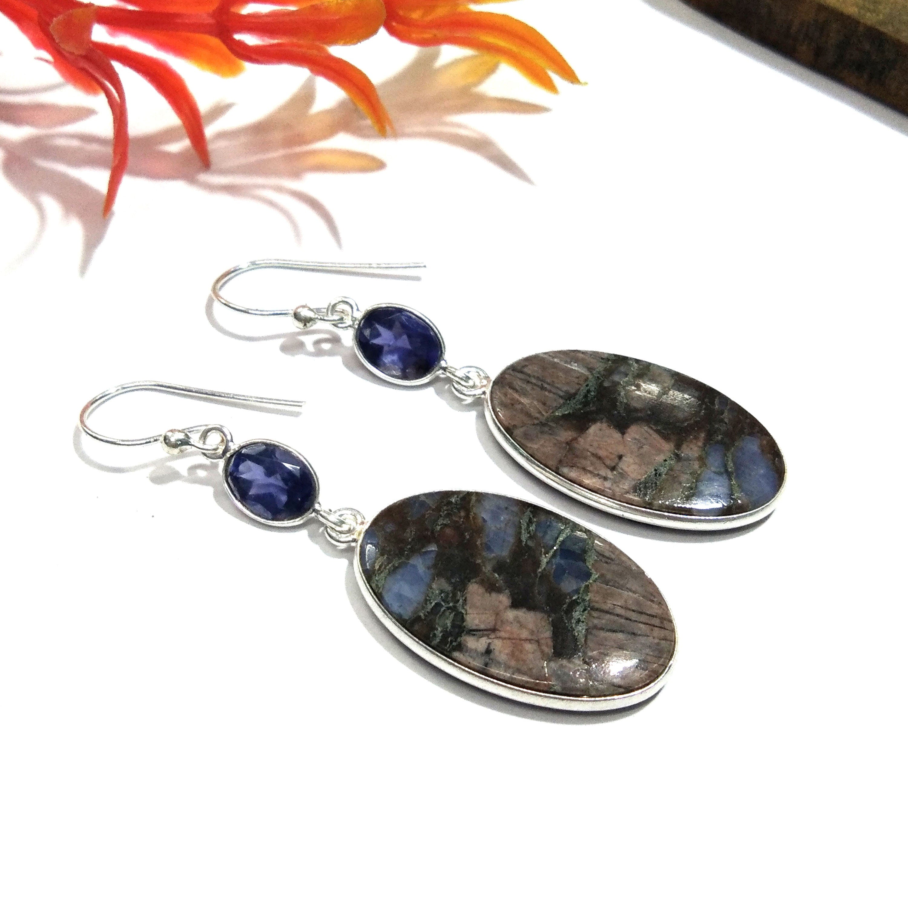 Natural Crazy Lace Agate, Iolite Gemstone Earring, 925 Solid Starling Silver Earring, Jewelry Stone Size 25x16 mm Gift Earring Birthday