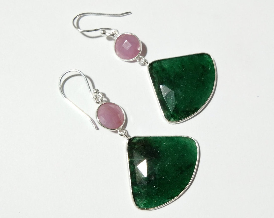 Beautiful Nice Earring, Pink Sapphire, Green Jade All Natural Gemstone Faceted With 925 Starling Silver Earring, Handmade Bezel Earring.