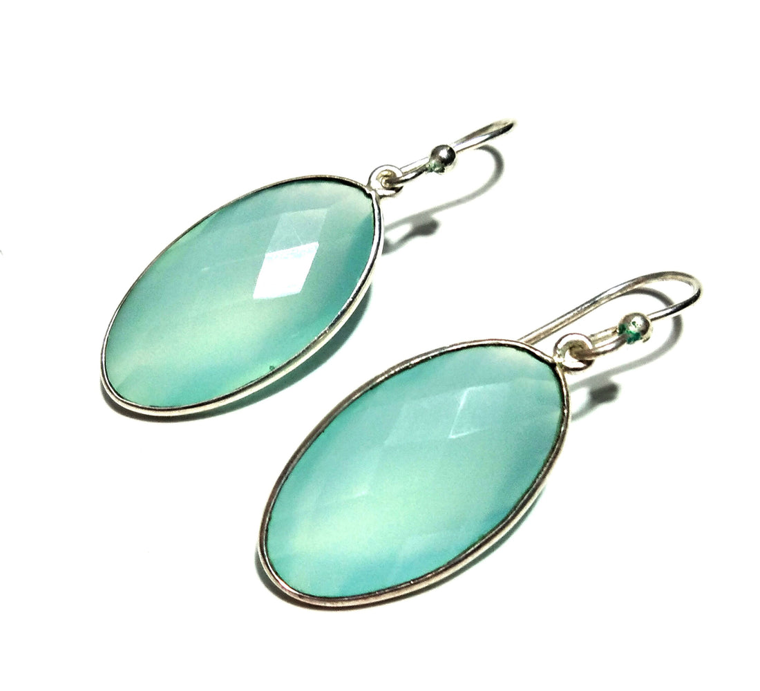 Natural Aqua Chalcedony Stone Earring, 925 Solid Starling Silver Earring, Chalcedony Oval Shape Stone Size 22x12 mm Gift Labor day Earring