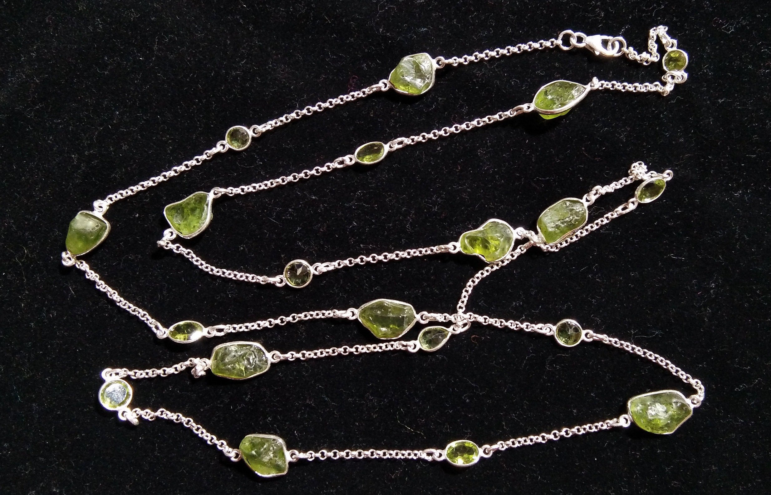 Log Chain Necklace Peridot Rough & Faceted Stone Chain Necklace, 925 Sterling Silver Bezel Setting Long 36" inch Chain Necklace Birthstone