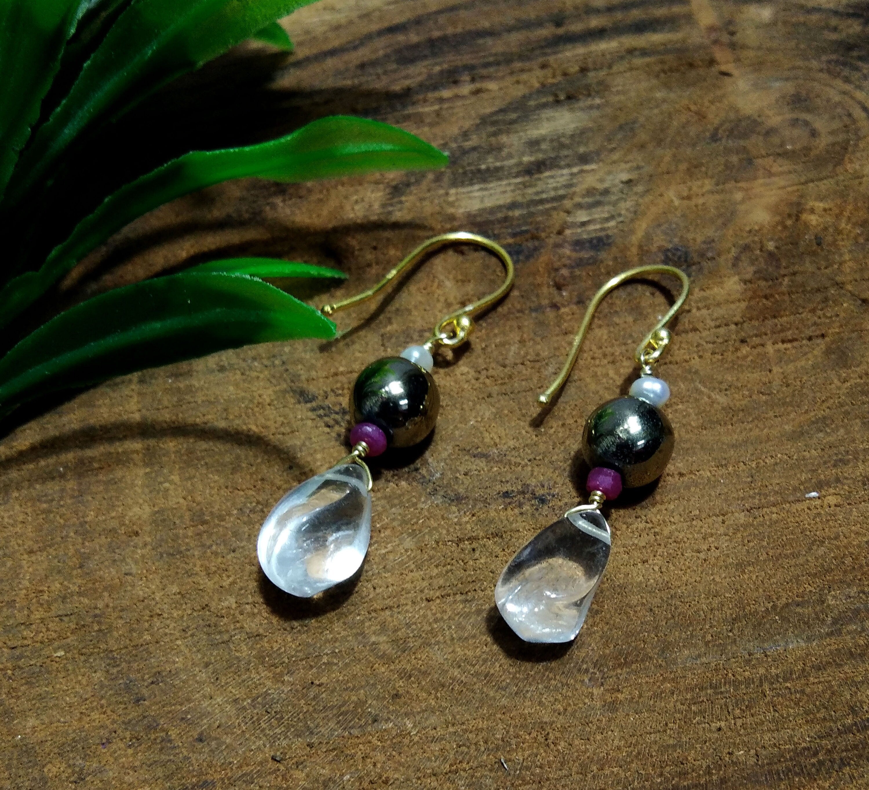 Natural White Crystal Quartz & Pyrite Stone Earring, Amazing Design 925 Sterling Silver With Gold Plated Earring, For Women Anniversary Gift