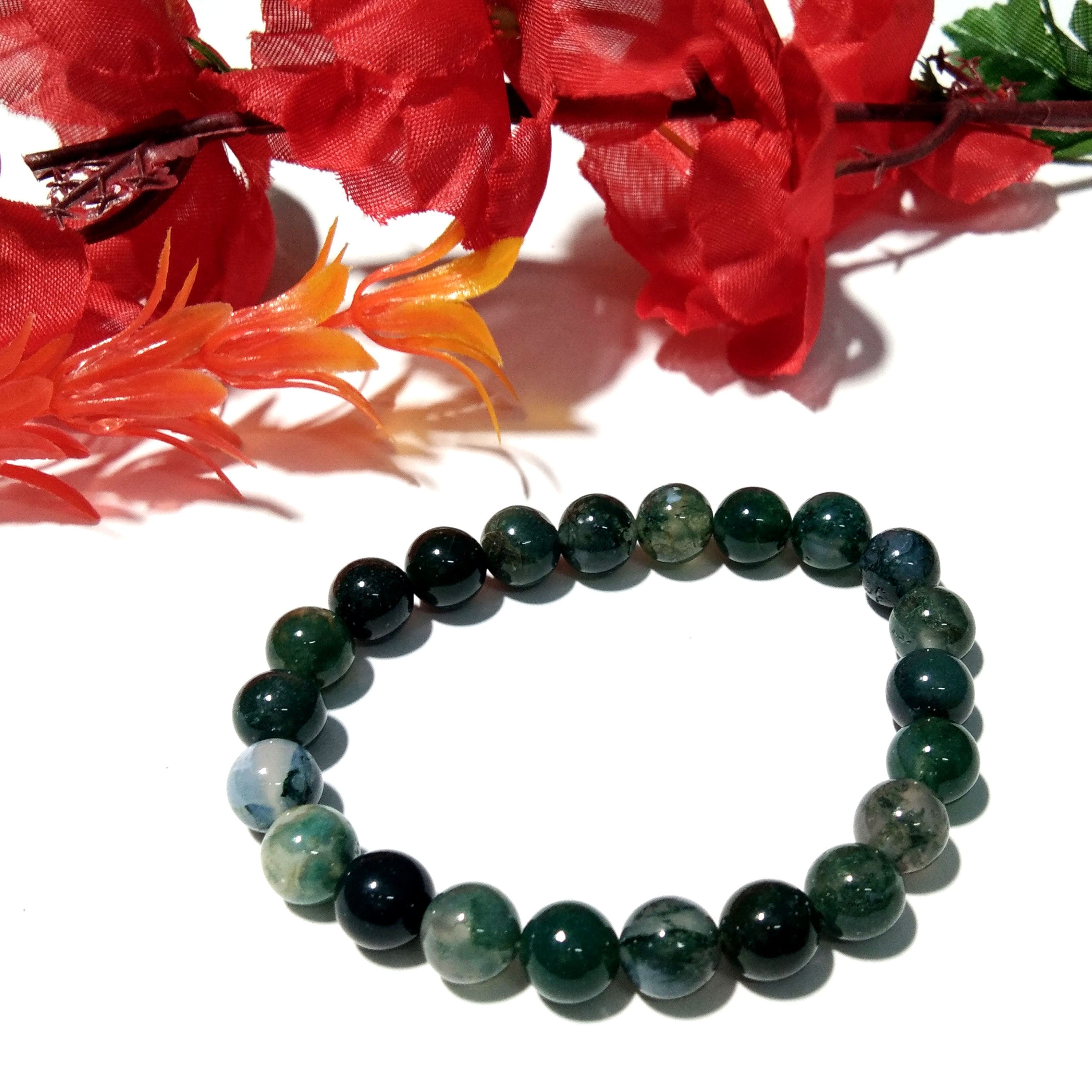 Moss Agate Bracelet Beads Stone, Natural Moss Agate Healing Handmade for Men & Women Round Bracelet, Size 8x8mm Gift Easter day Bracelet