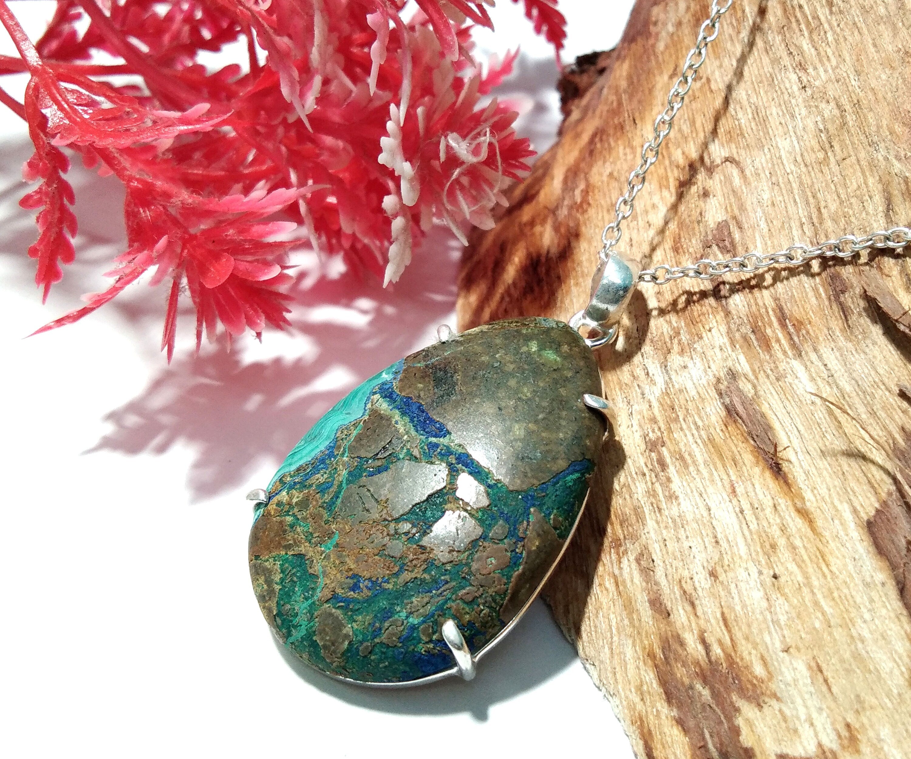 Azurite Malachite Gemstone Chain Pendant, 925 Silver Pendant, Jewelry Handmade, Natural Azurite Malachite Pendant, Gift Birthday Pendant