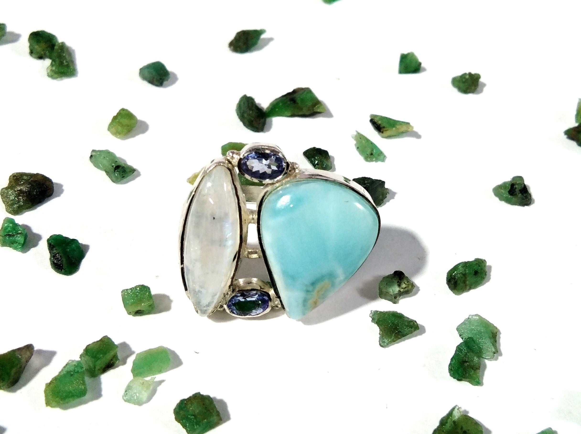 Natural Larimar, Rainbow Moonstone & Tanzanite Ring, 925 Solid Sterling Silver Ring, Gemstone Jewelry Rings, Handmade Making Jewelry Ring