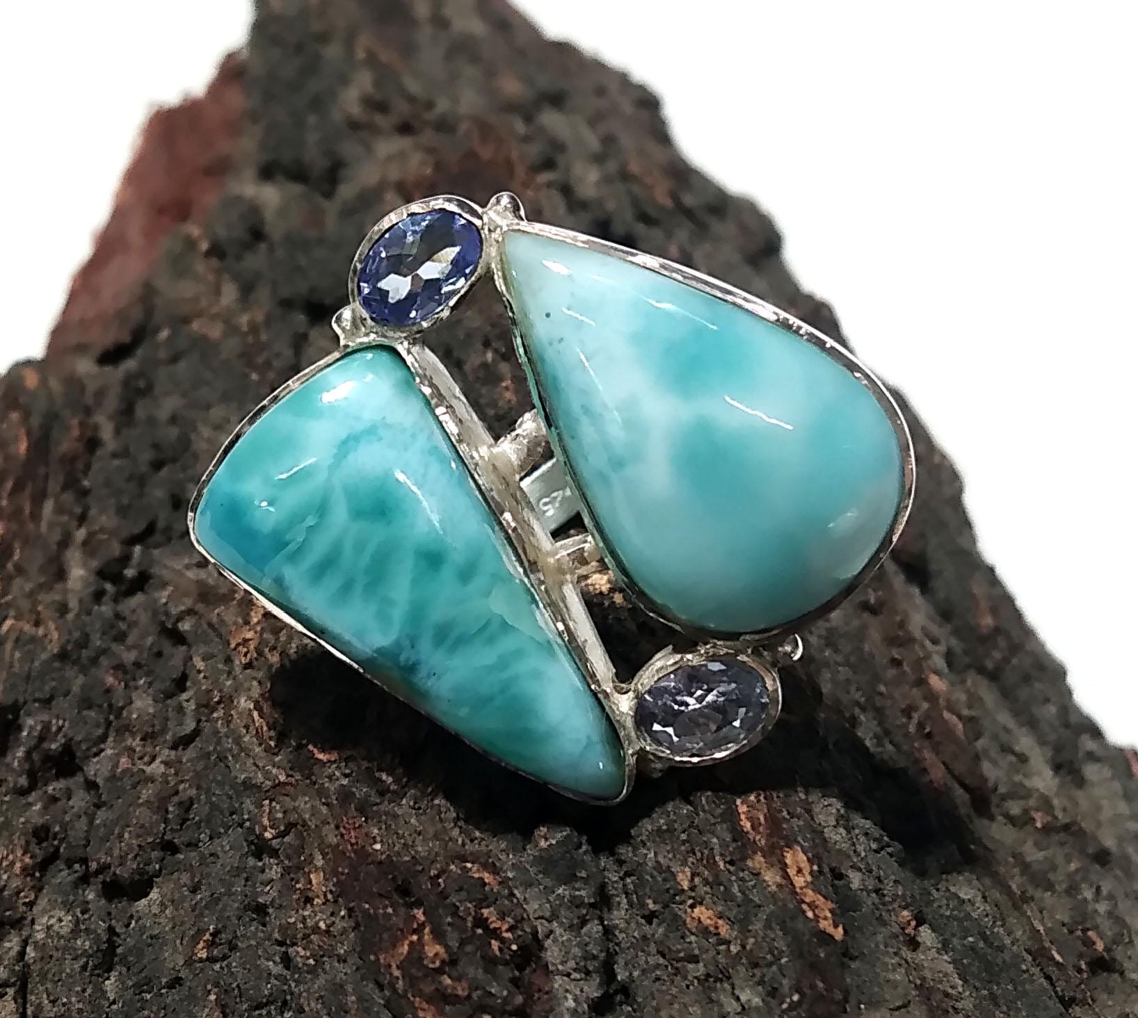Natural Larimar & Tanzanite Faceted Gemstone Ring, 925 Solid Sterling Silver Jewelry Stone Ring, Handmade Jewelry, Gift Item For Girls/Women