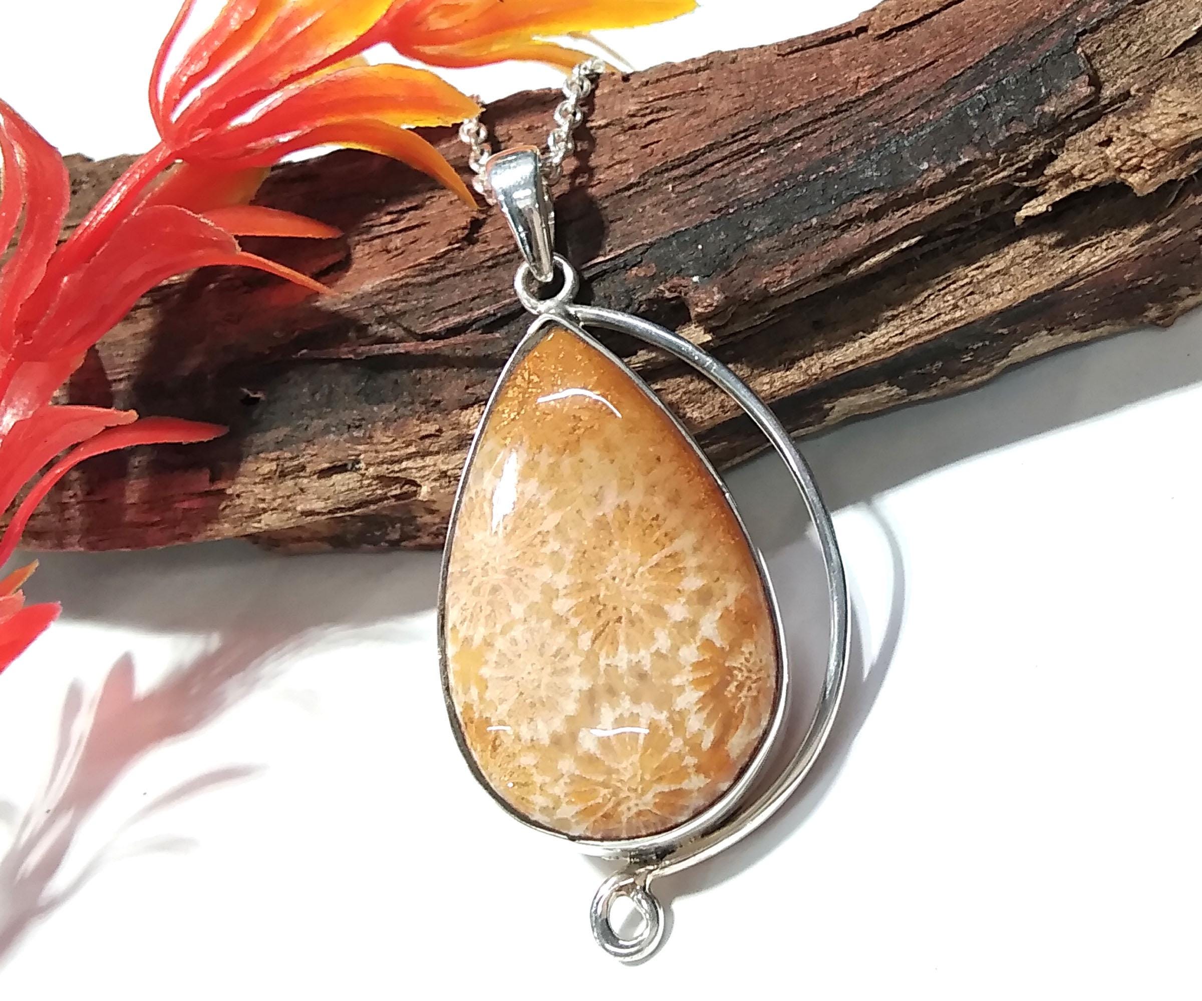 Good Quality Nature Fossil Coral Gemstone Pendant Chain Necklace With 925 Sterling Silver Pendant, Stylish Design Pendant, For Girls & Women