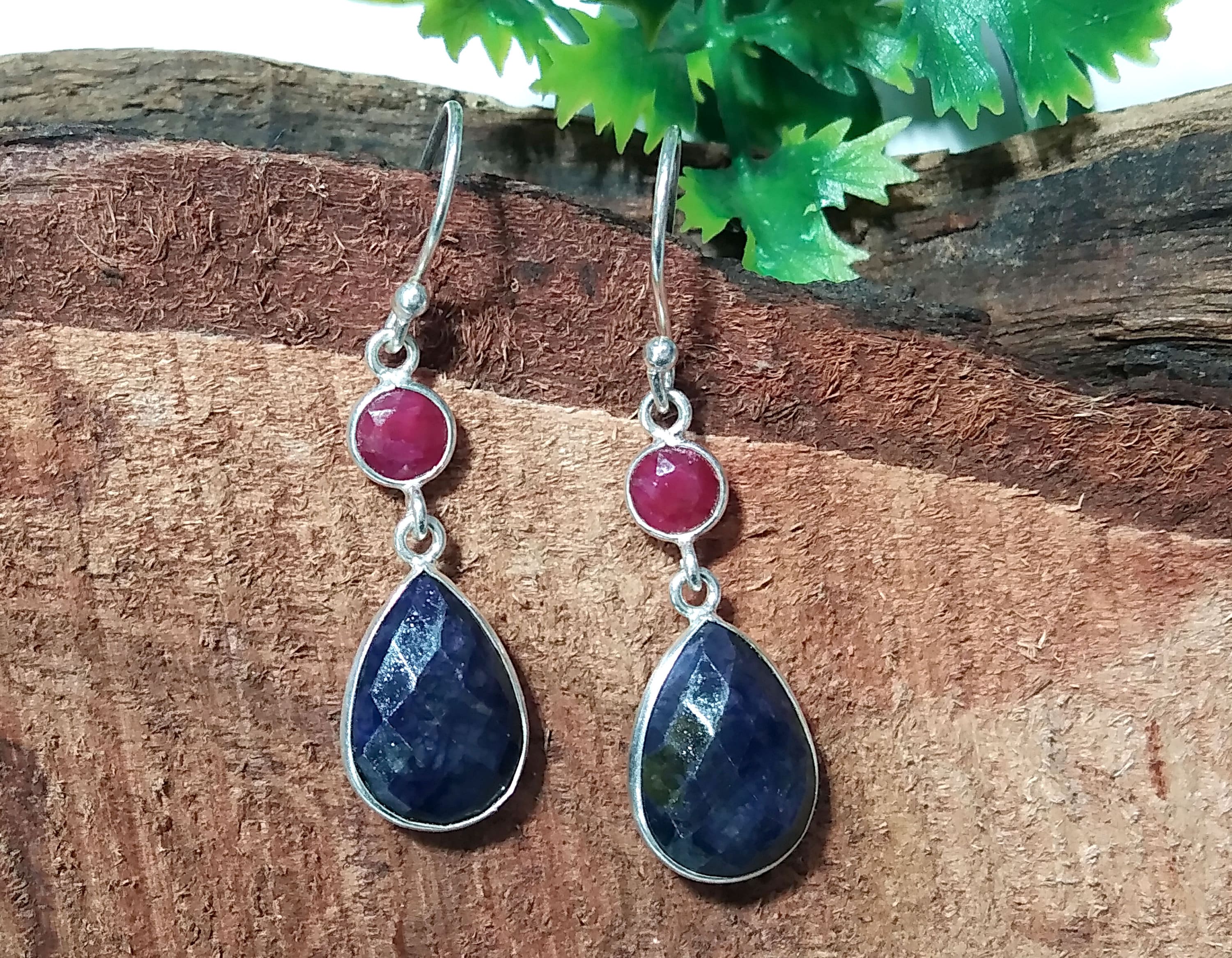 Beautiful Earring, Blue Sapphire & Red Ruby Earring, Natural Gemstone Faceted Earring, 925 Starling Silver Earring, Handmade Bezel Earring's
