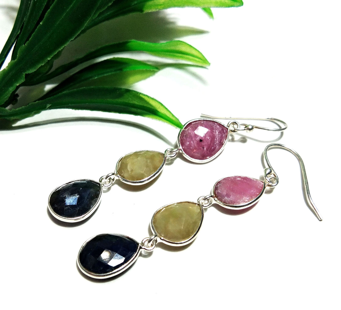 Natural Multi Sapphire Earrings Gemstone, 925 Solid Starling Silver Earring, Pear Shape Stone Size 11x9 mm For Gift Wedding Earring Birthday