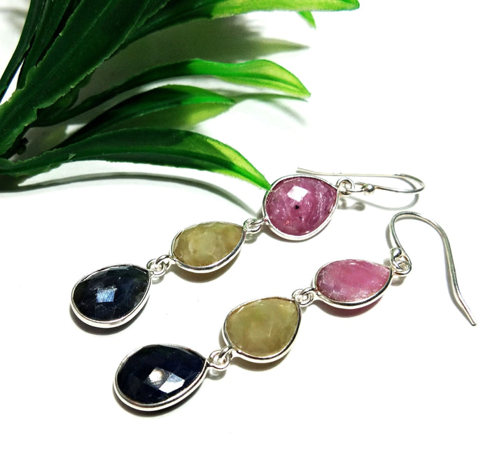 Natural Multi Sapphire Earrings Gemstone, 925 Solid Starling Silver Earring, Pear Shape Stone Size 11x9 mm For Gift Wedding Earring Birthday