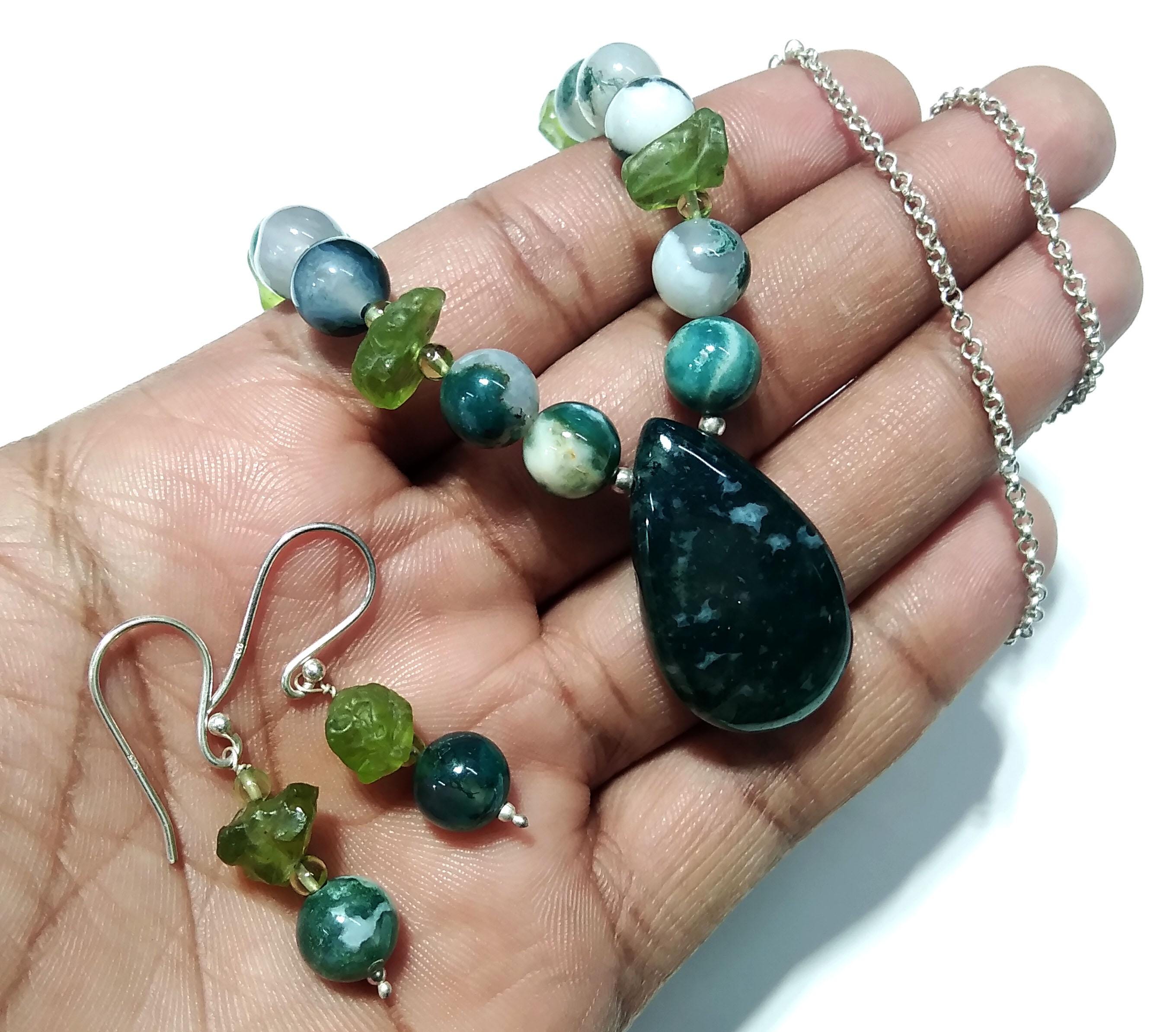 Fabulous Natural Moss Agate/Peridot Gemstone Beads Necklace Set Jewelry, 925 Sterling Silver Necklace Beaded Necklace Statement For Jewelry
