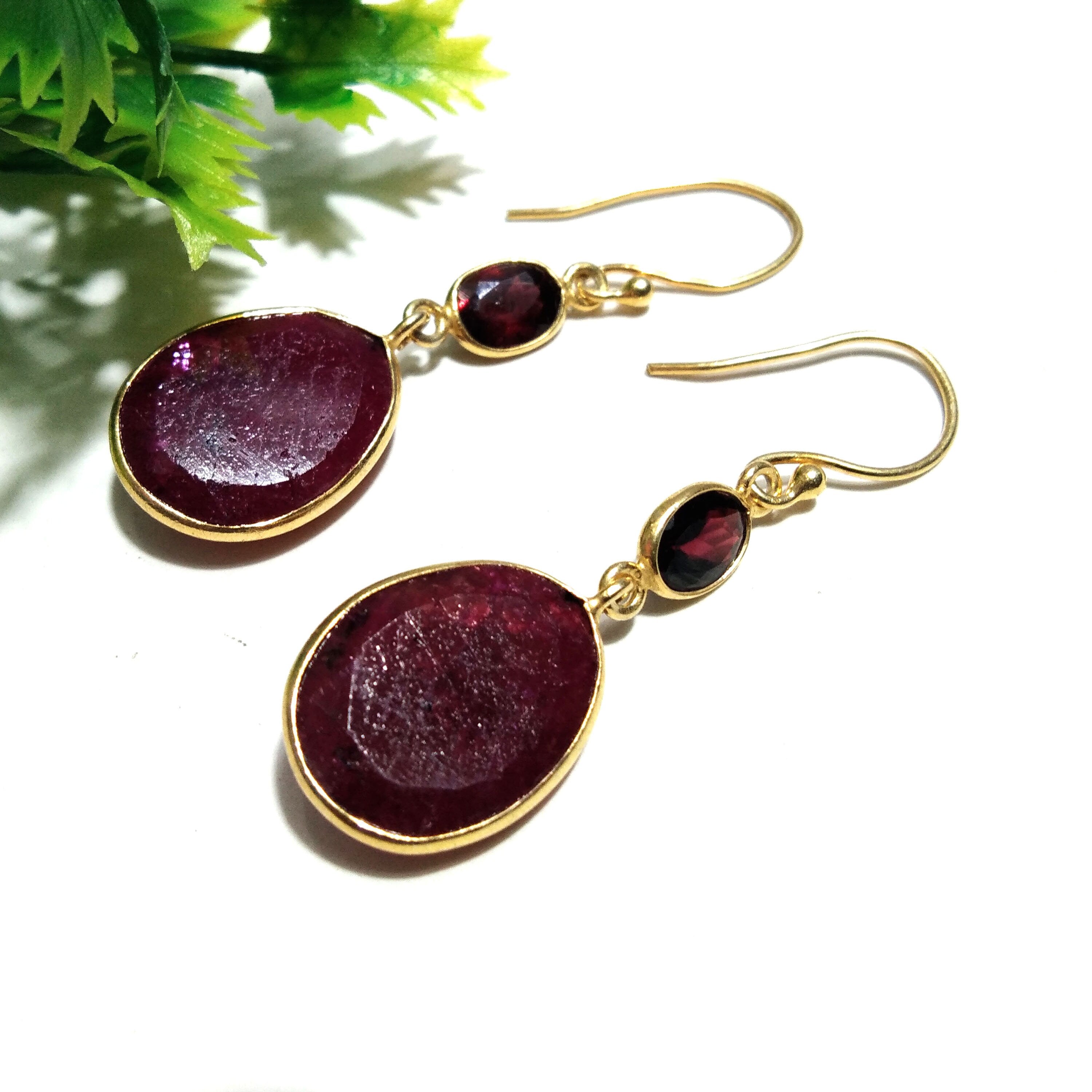 Natural Ruby/Garnet Gemstone Earring, 925 Sterling Silver Gold Plated Earring, Handmade Stone Size 16x12mm Gift Item For Girls/Women Earring