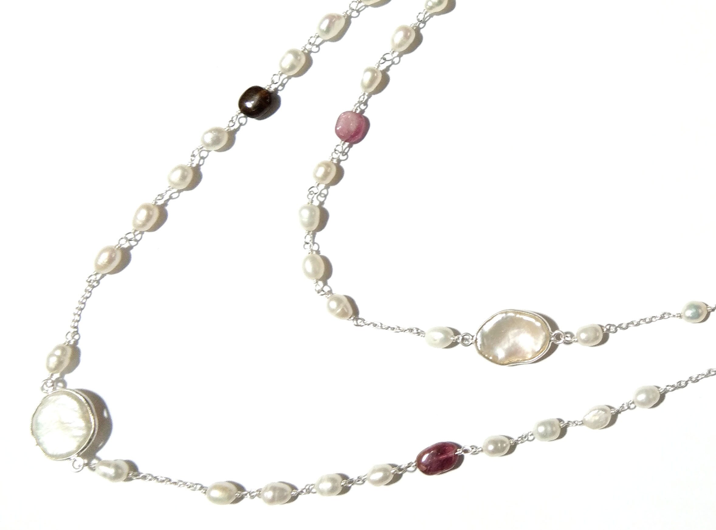Log Chain Necklace ! Natural Pearl & Tourmaline Beaded Necklace, 925 Starling Silver Log Necklace, 36''Inches Length.