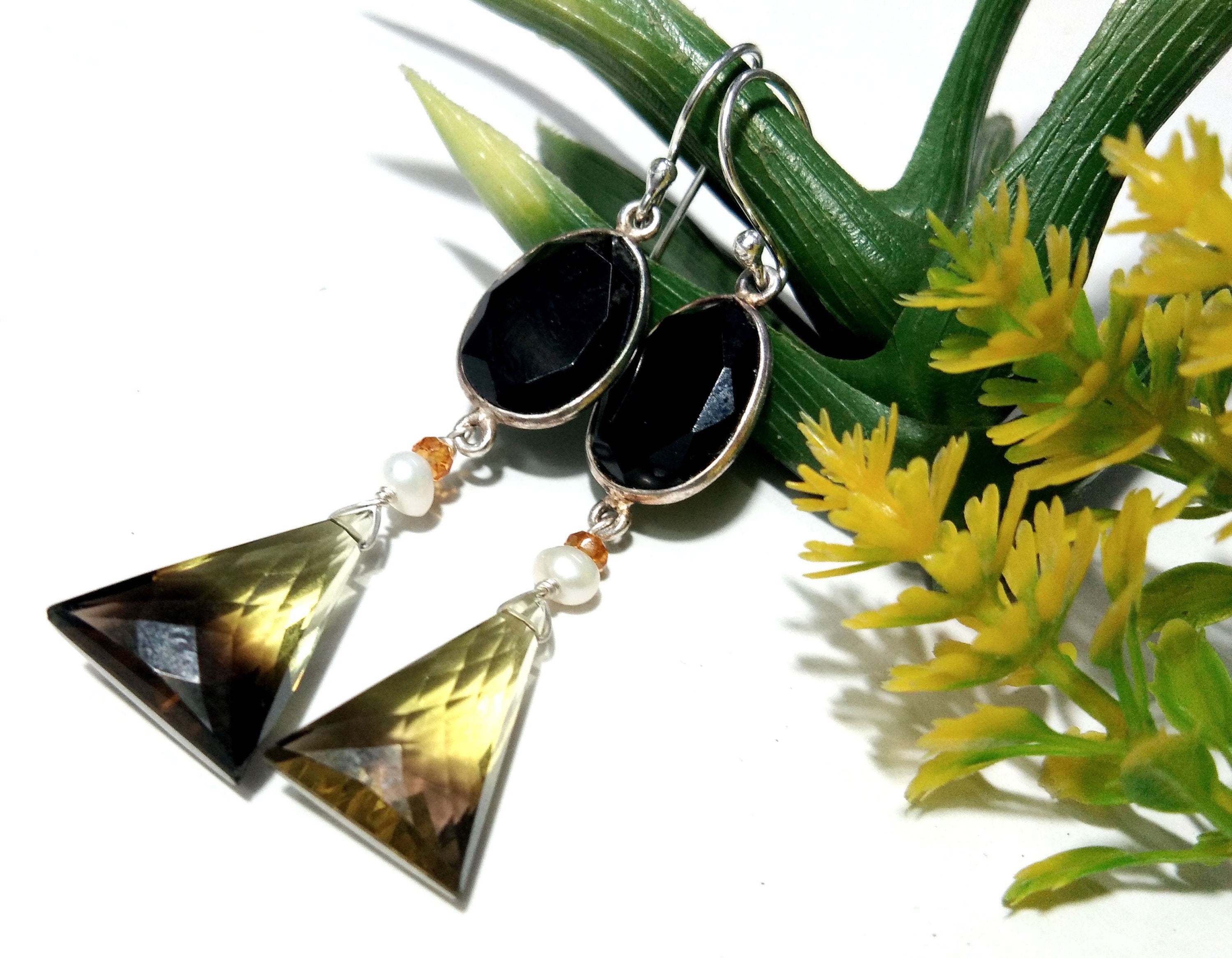 Natural Doublet Gemstone Lemon & Smoky Quartz Multi Stone Earrings, With 925 Starling Silver Jewelry Earring, For Gifts Girls/Women