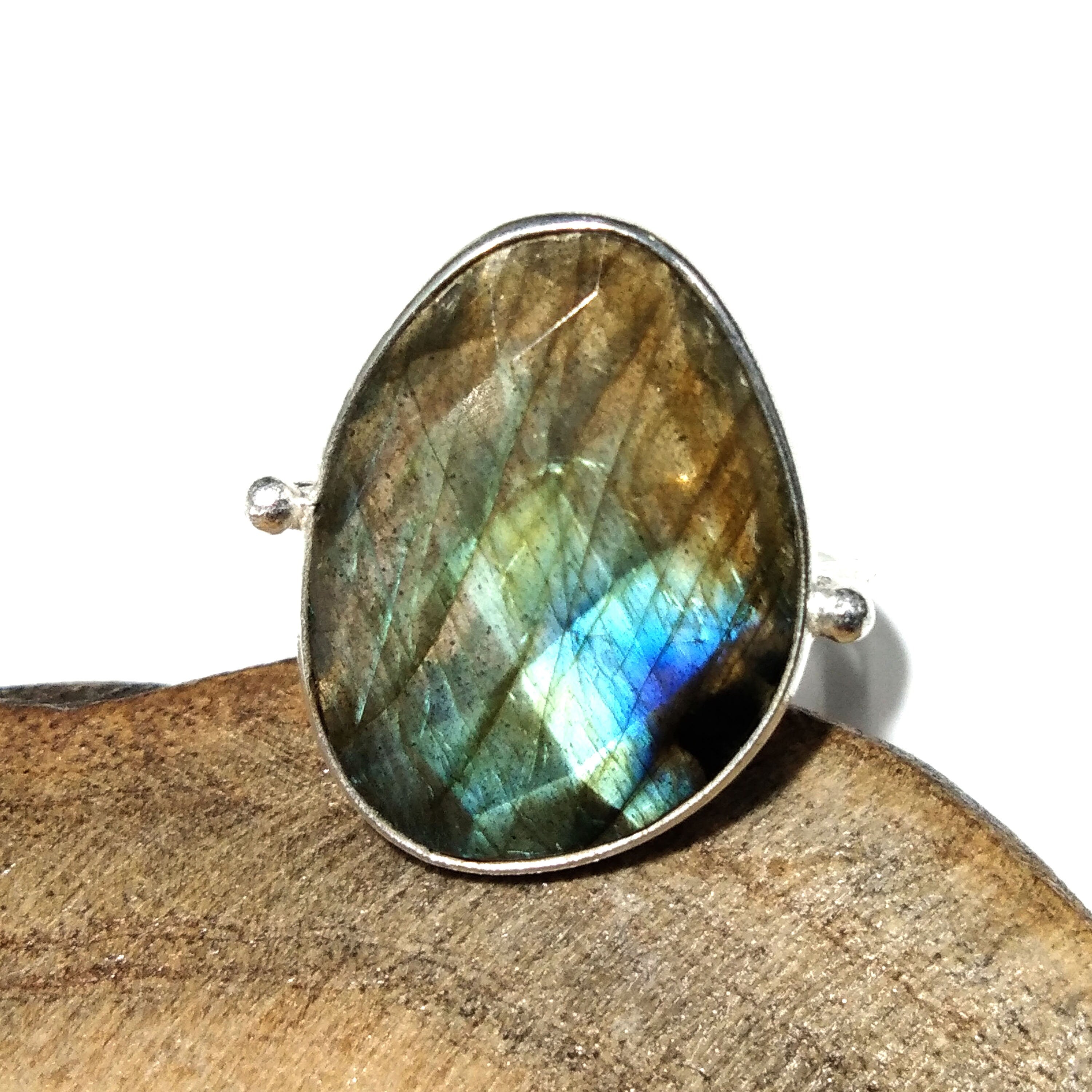 Natural Labradorite Checker Cut Stone Ring, 925 Starling Silver Ring, Stone Size 20x15 mm Green Fire Labradorite Ring, Gift Birthday Ring