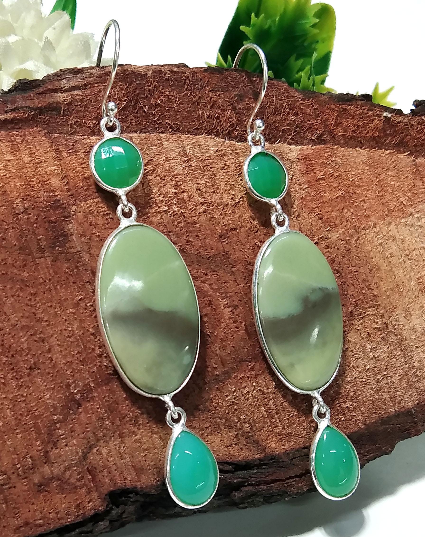 Green Serpentine,Chrysoprase Stone Drop Earring, 925 Starling Silver Earring, Amazing Quality Green Serpentine Earring, For Girls/Women