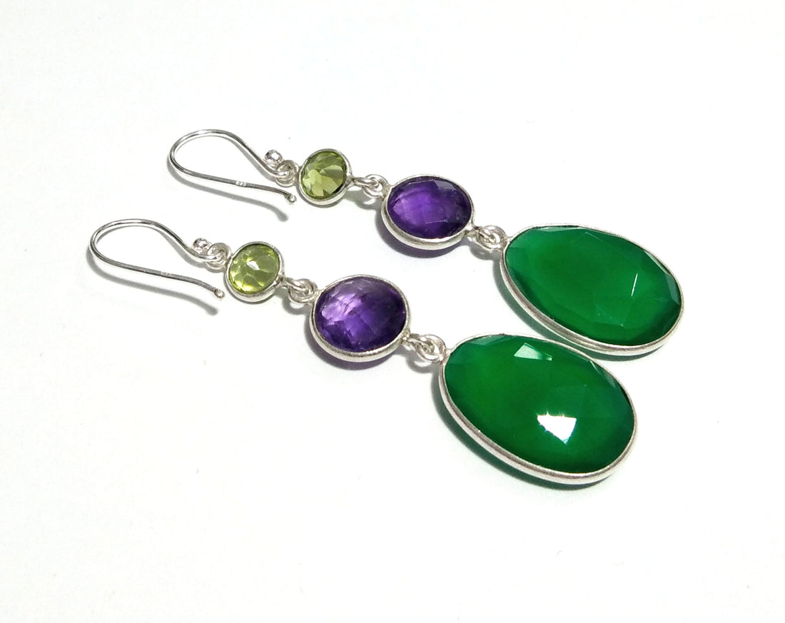 Natural Green Onyx/Peridot/Amethyst Stone Earring, 925 Solid Starling Silver Earring, Onyx/Amethyst Gemstone Gift Christmas Earring