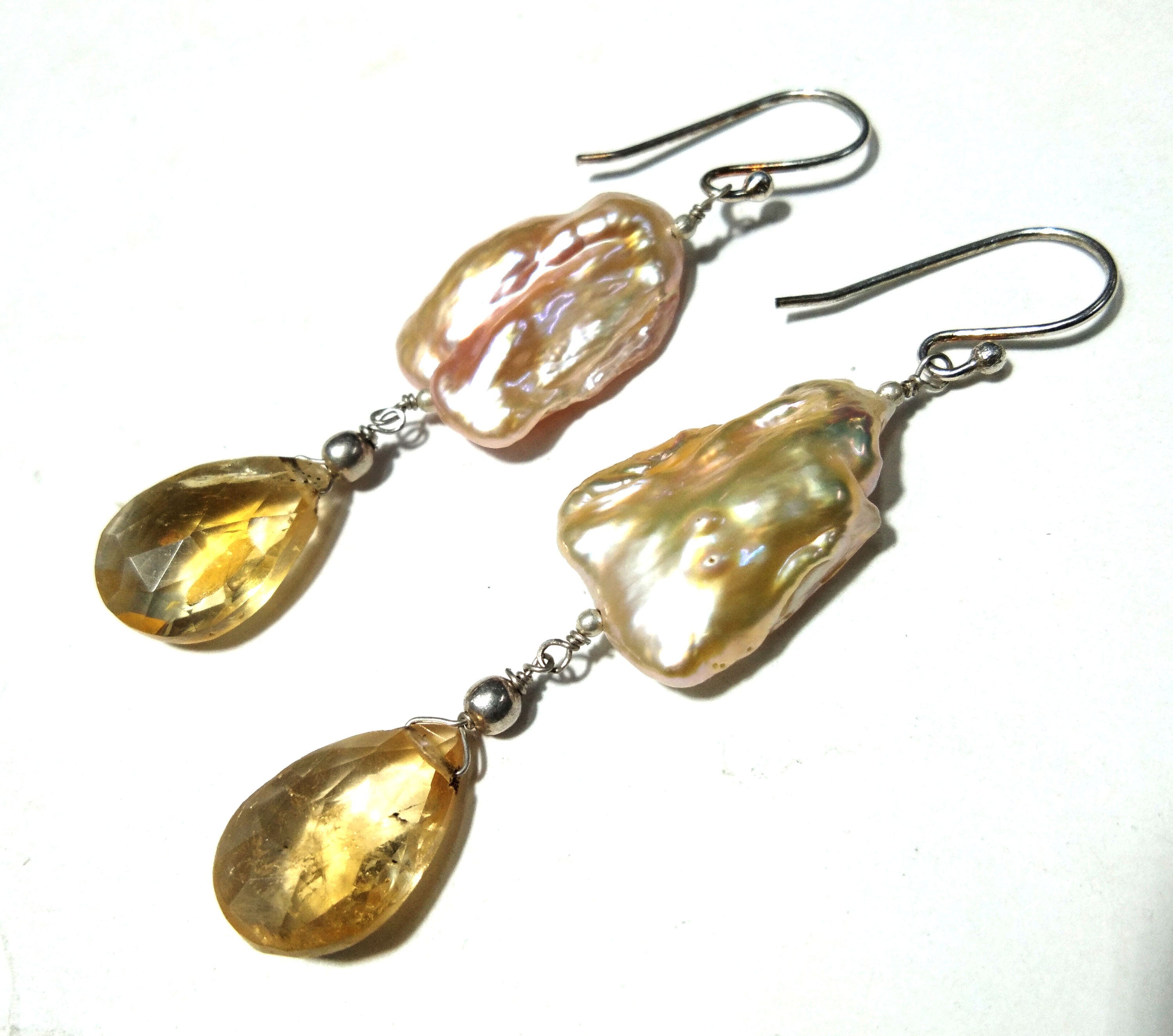 Natural Fresh Water Baroque Pearl & Citrine Gemstone Drop Earring, Solid 925 Starling Silver Earring, Girls/Women Gifts Wedding Earring