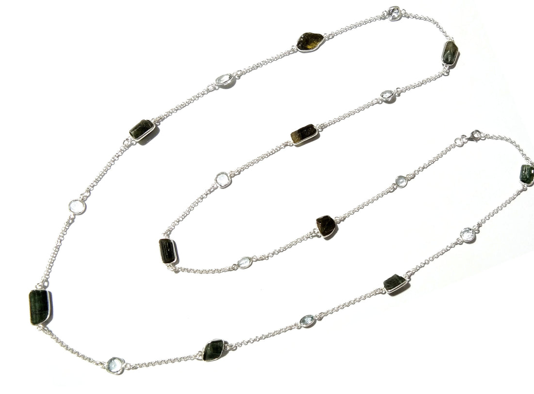 Beautiful Nice Log Necklace ! ALL Natural Gemstone Tourmaline Rough & White Topaz Log Bezel Necklace With 925 Starling Silver Length 36 inch