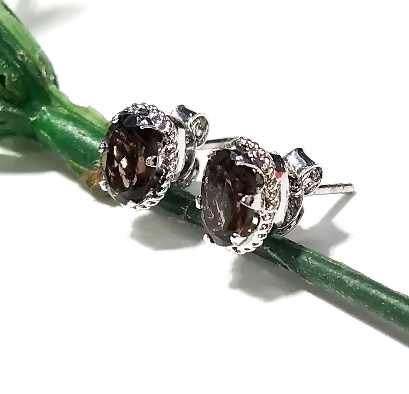 Natural Smoky Quartz Stud Earrings, 925 Starling Silver Earring Jewelry, Smoky Quartz Gemstone Oval Shape Stone Size 7x5 mm Gift For women.