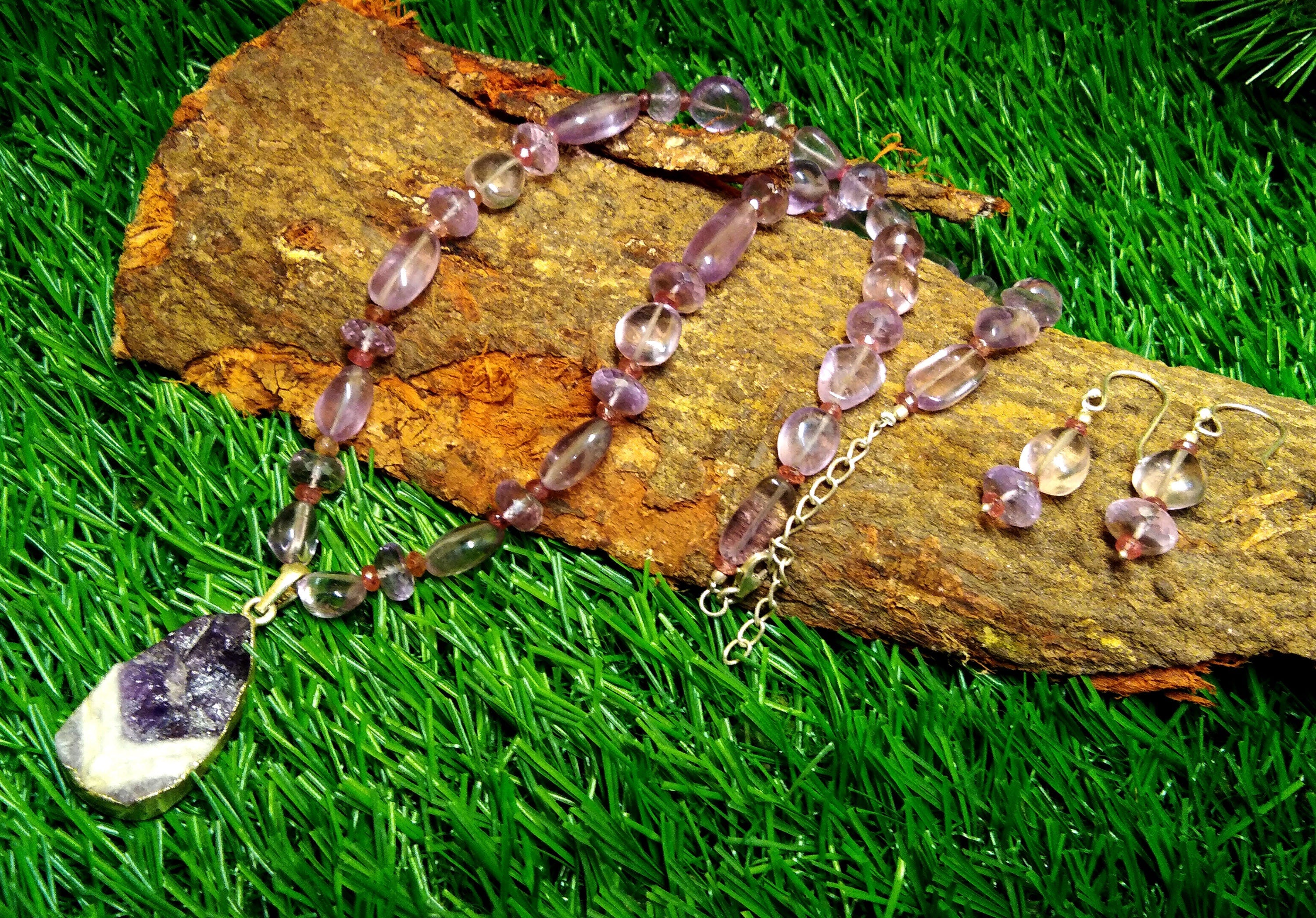 Natural Amethyst Druzy/Tumble/Pink Tourmaline Gemstone Beads Necklace Set Jewelry, 925 Silver Necklace Beaded Necklace Statement Jewelry