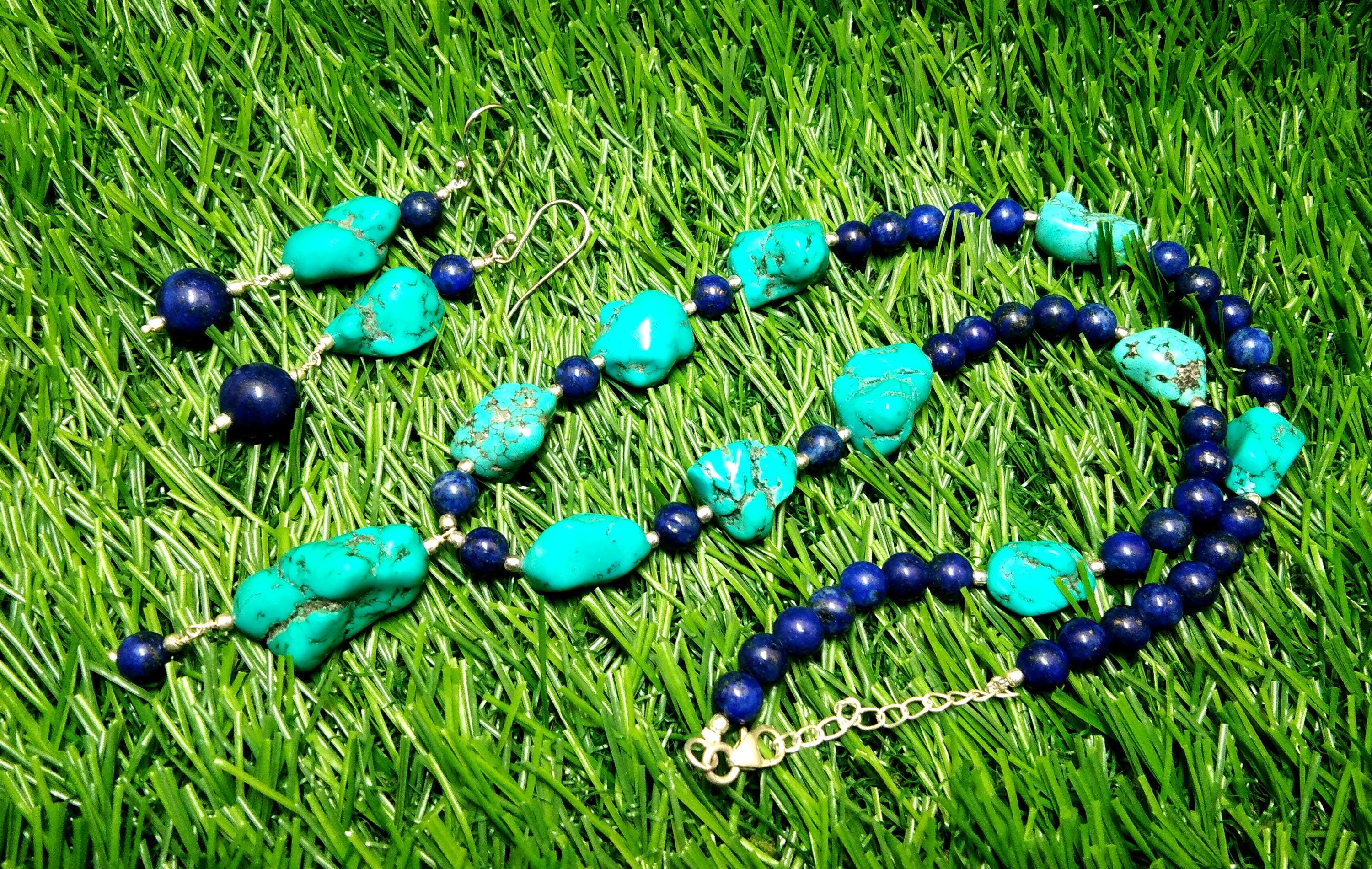 Long Natural Turquoise Rough Gemstone Necklace and Earring, Top Color Dark Blue Lapis Lazuli 925 Sterling Silver Handmade Jewelry Gift Women