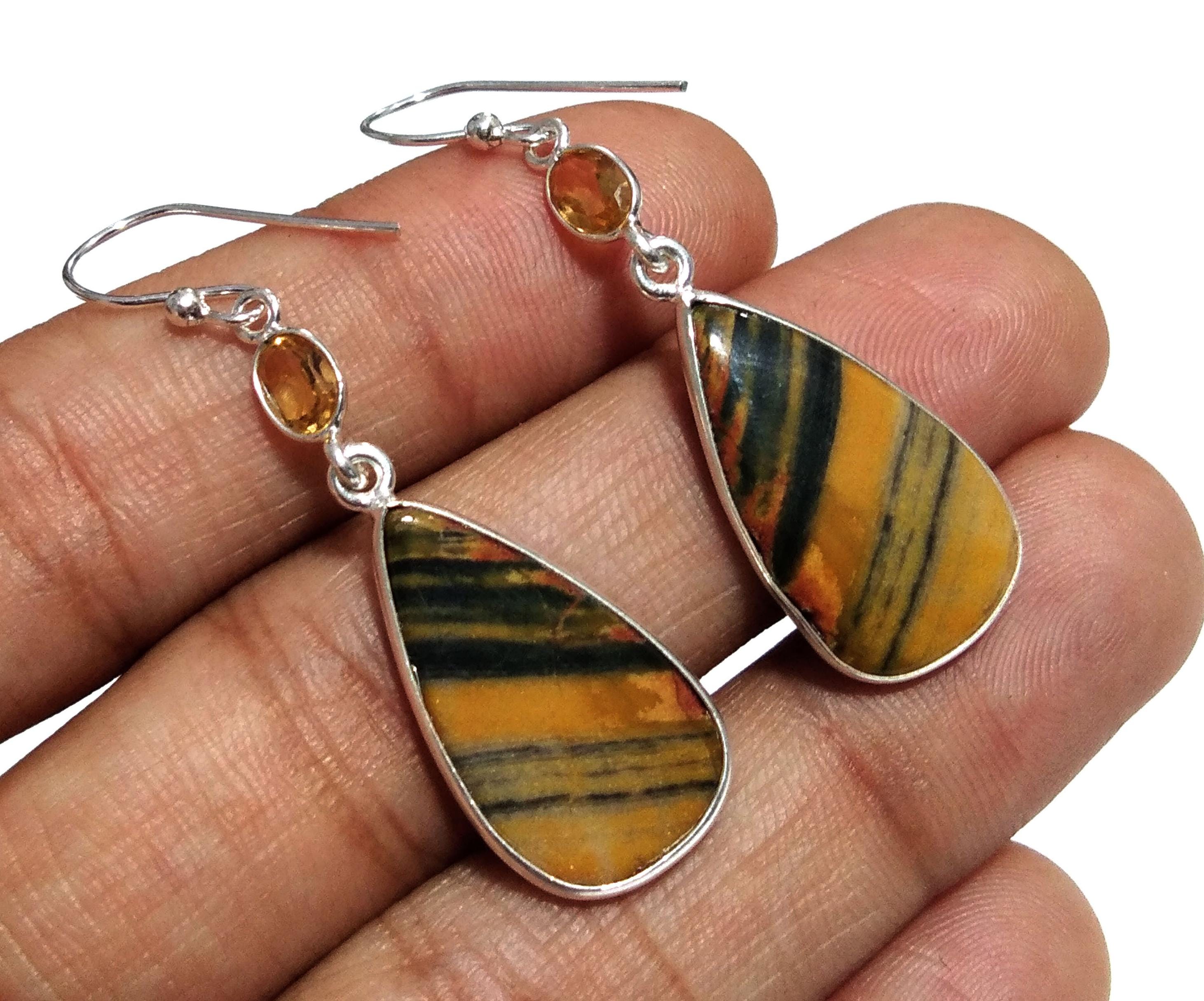 Natural Yellow Tiger eye/Citrine Gemstone Drop Earring, 925 Solid Starling Silver Earring, Stone Size 23x13mm Gift Wedding Christmas Earring