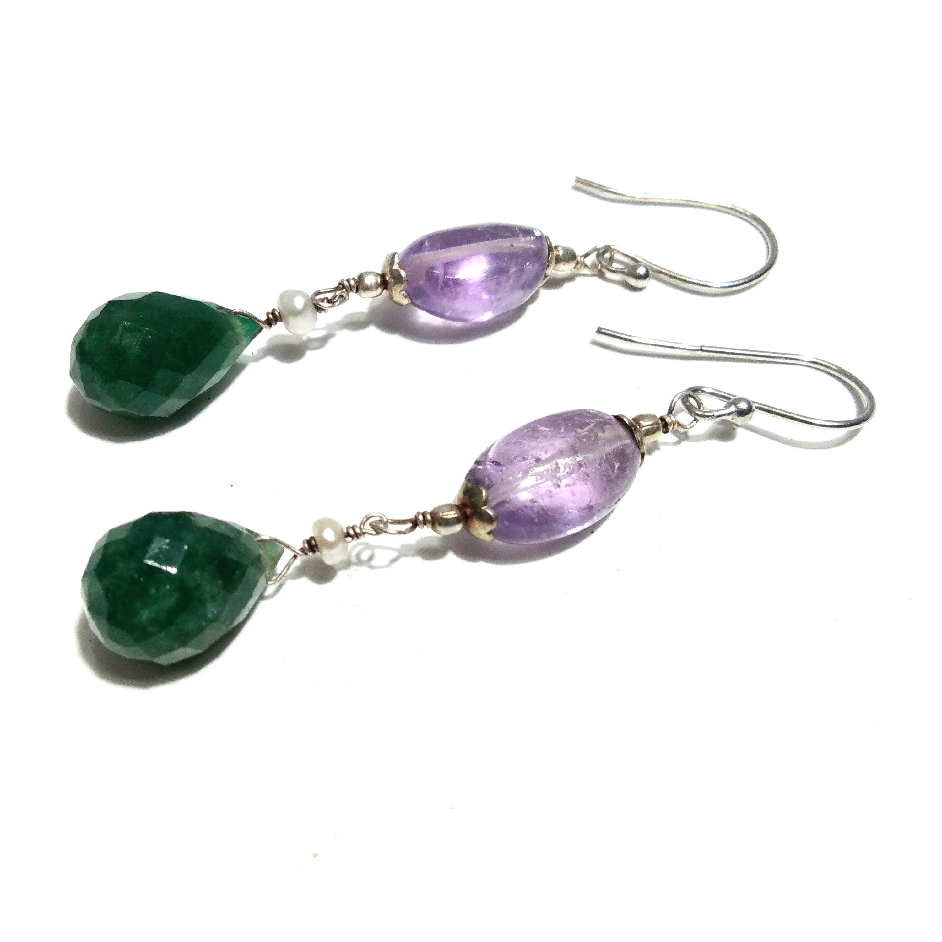 Natural Purple Amethyst/Green Jade Earring, 925 Solid Starling Silver Earring, Amethyst Stone Handmade Gift Women Christmas Earring