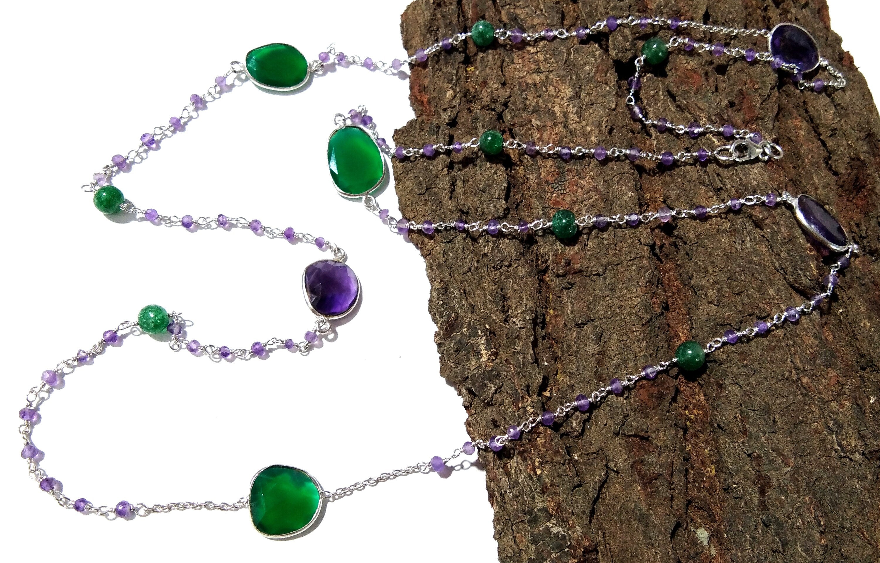 Very Beautiful Log Necklace ! ALL Natural Gemstone Beaded Necklace For Girls & Woman, 925 Starling Silver Log Necklace Length 36 inch