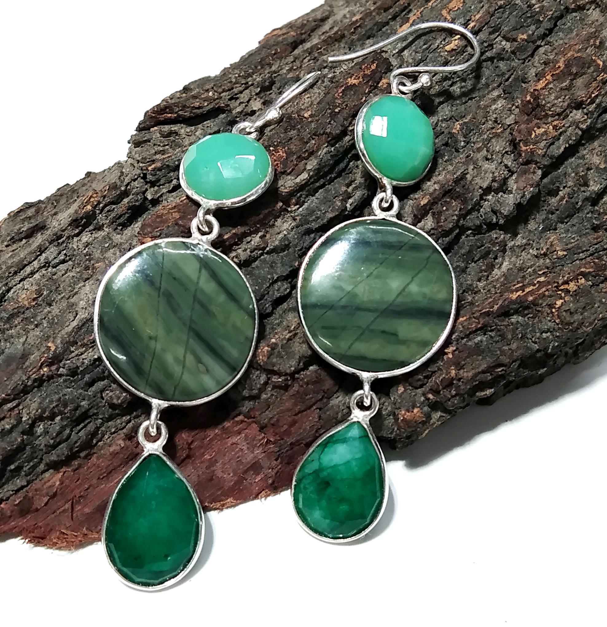 Natural Chrysoprase,Green Jasper,Emerald Stone Drop Earring, 925 Solid Starling Silver Earring, Gift Wedding Earring, For Girls & Women.