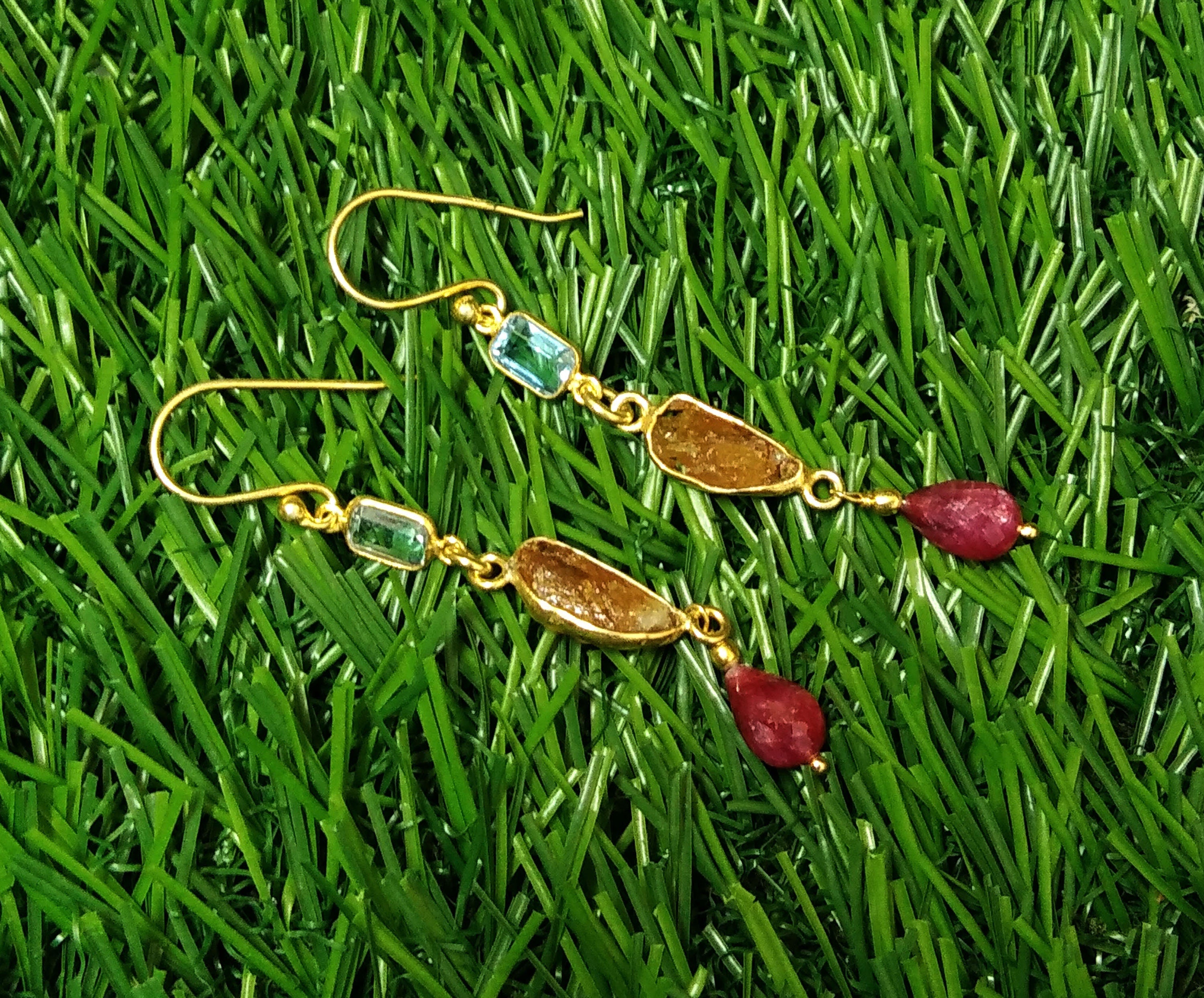 Natural Blue Topaz/Citrine Rough Stone Drop Earring, 925 Starling Silver Gold Plated Earring, Stone Size Mix Gift Diwali Earring Jewelry