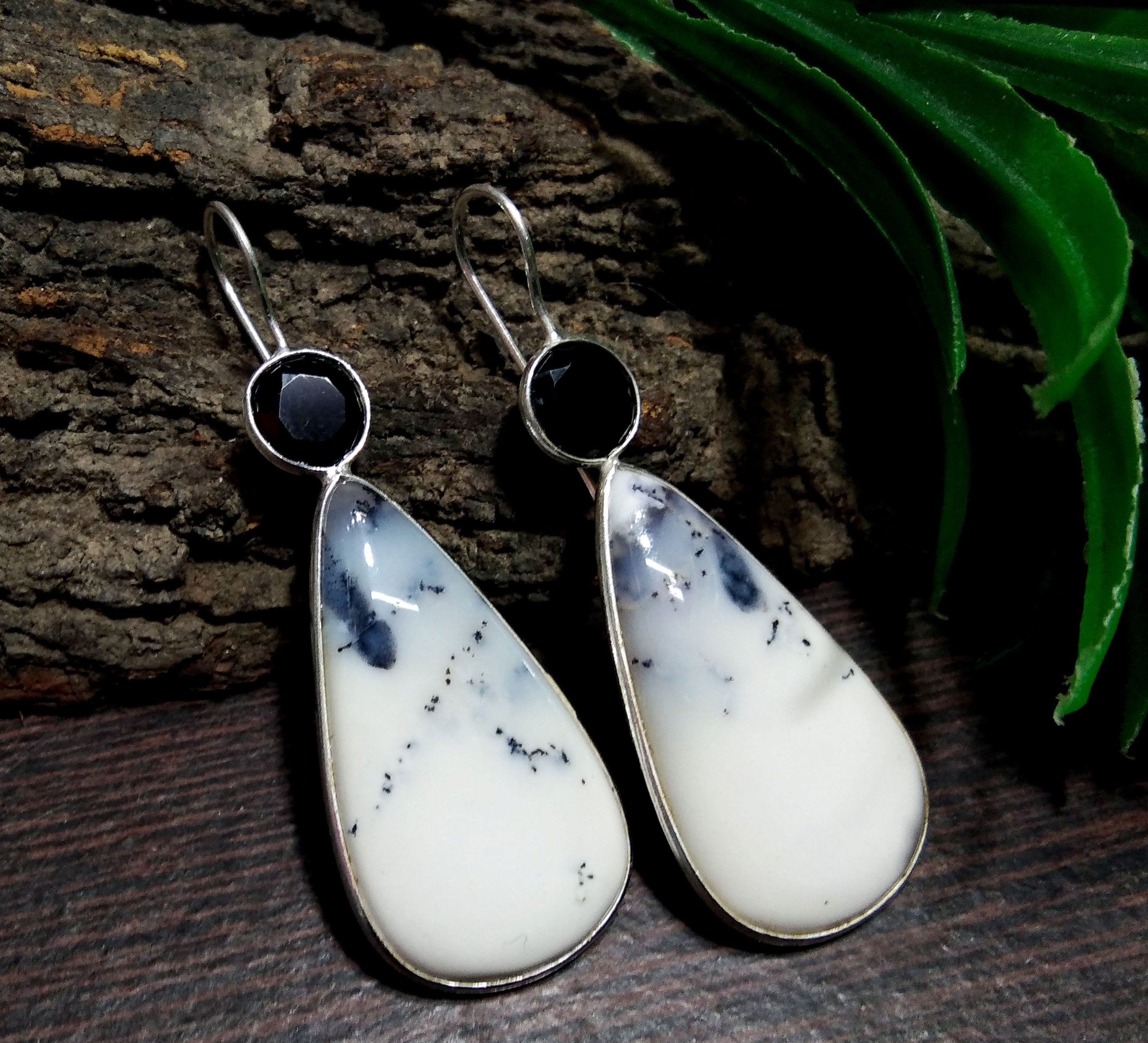 Natural Dendrite Opal/Black Spinel Gemstone Earring, 925 Starling Silver Earring, Handmade Silver Earring, Opal Stone Gift Birthday Earring