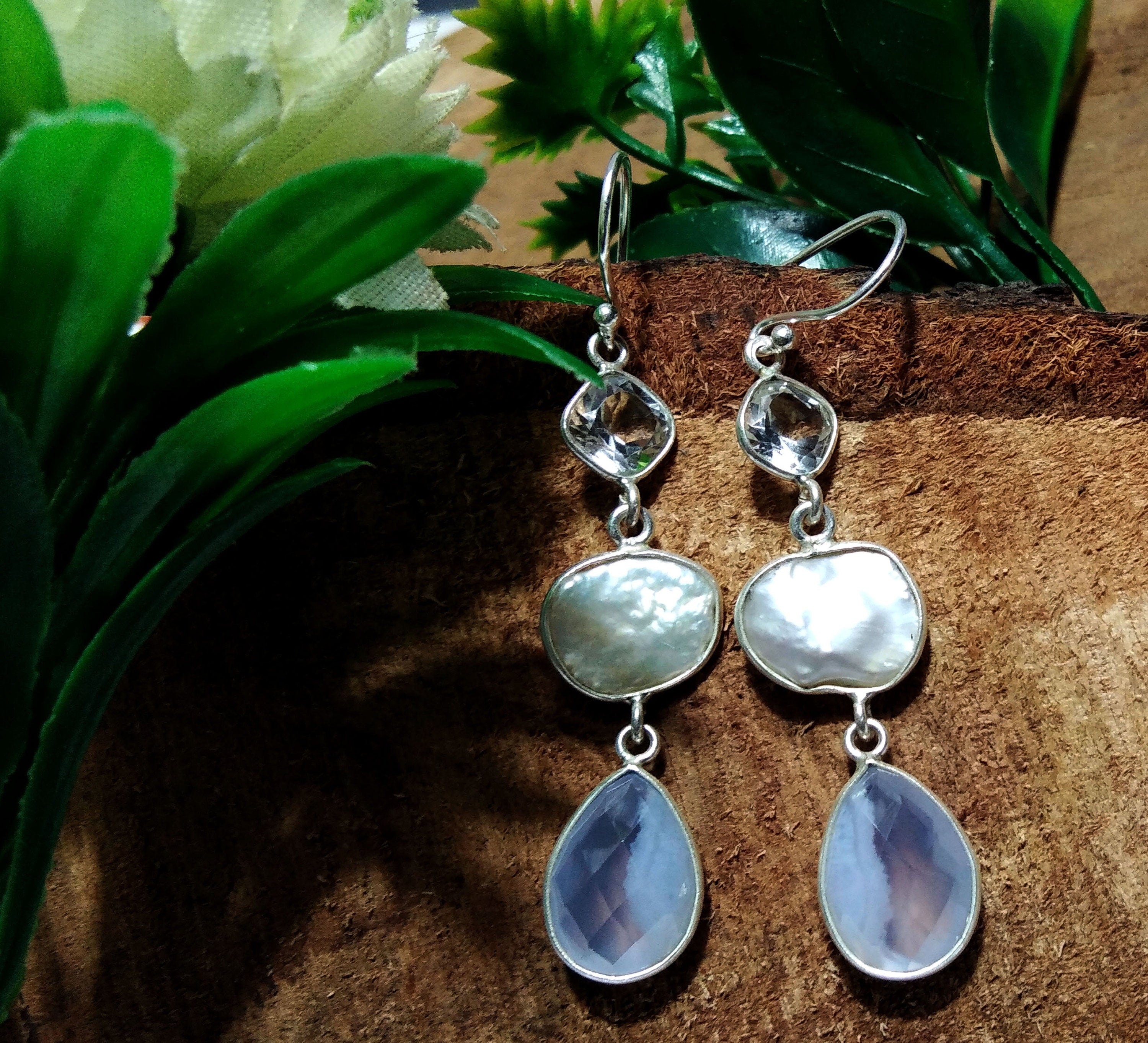 Natural Fresh Water Baroque Pearl/Topaz/Blue Chalcedony Stone Drop Earring, 925 Solid Starling Silver Earring Gemstone, Gift Earring Jewelry