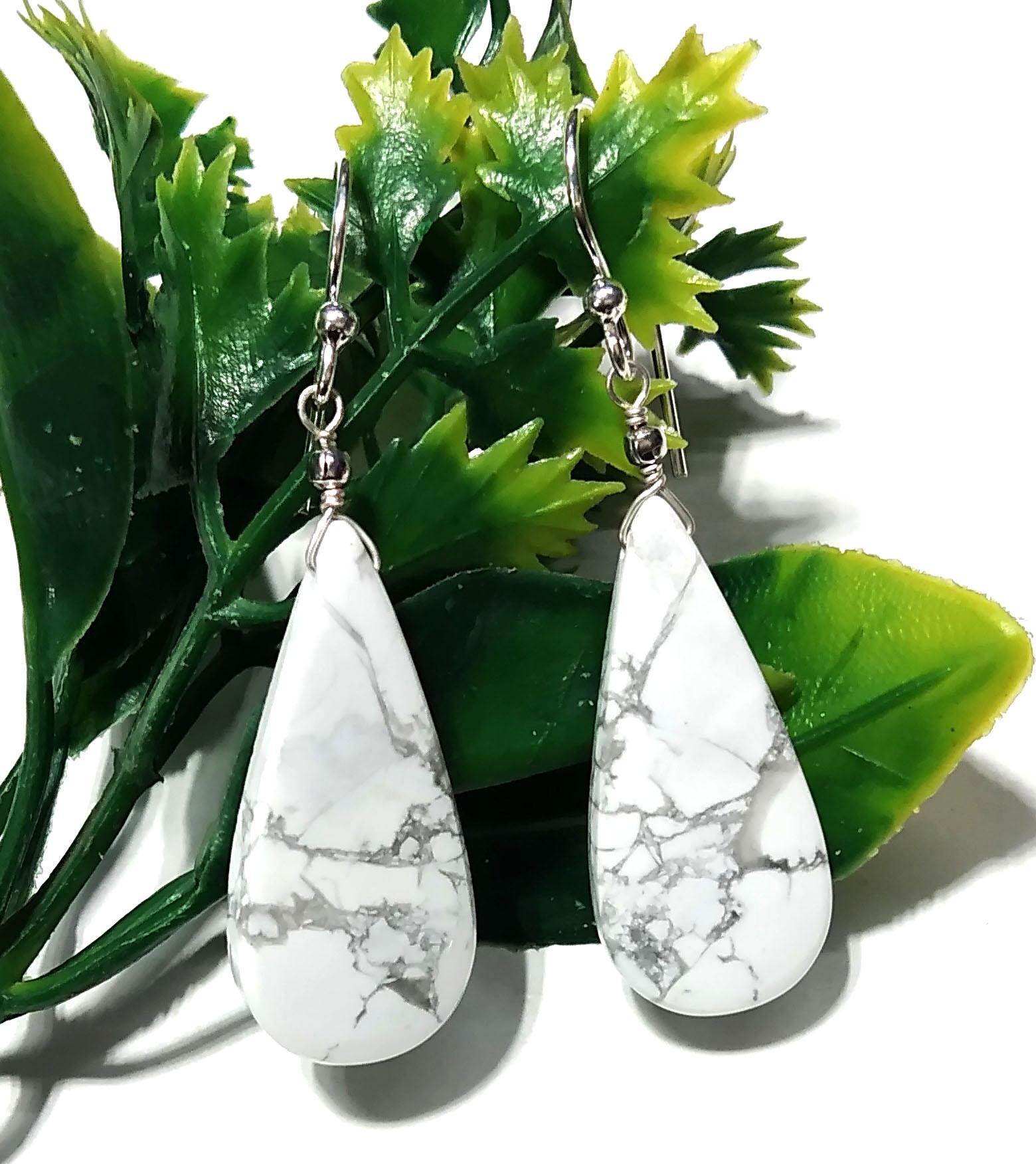 Natural White Buffalo Gemstone Earring, Solid 925 Starling Silver Earring, Beautiful White Buffalo Stone Size 30x13mm Gift For Girls & Women