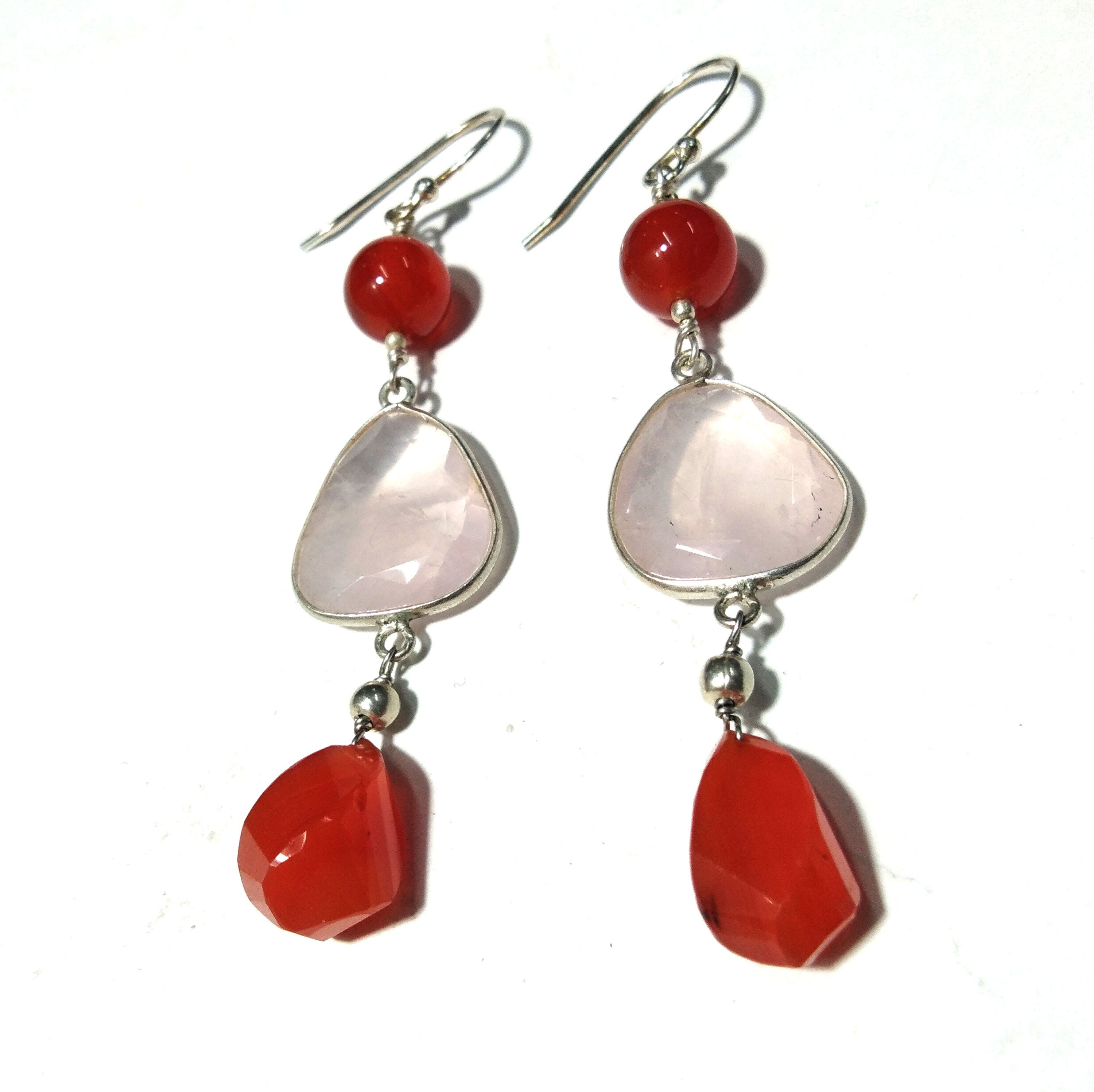 Natural Carnelian, Rose Quartz Earrings, 925 Solid Starling Silver Earring, Carnelian Stone Handmade Earring, Gift Women Wedding Earring
