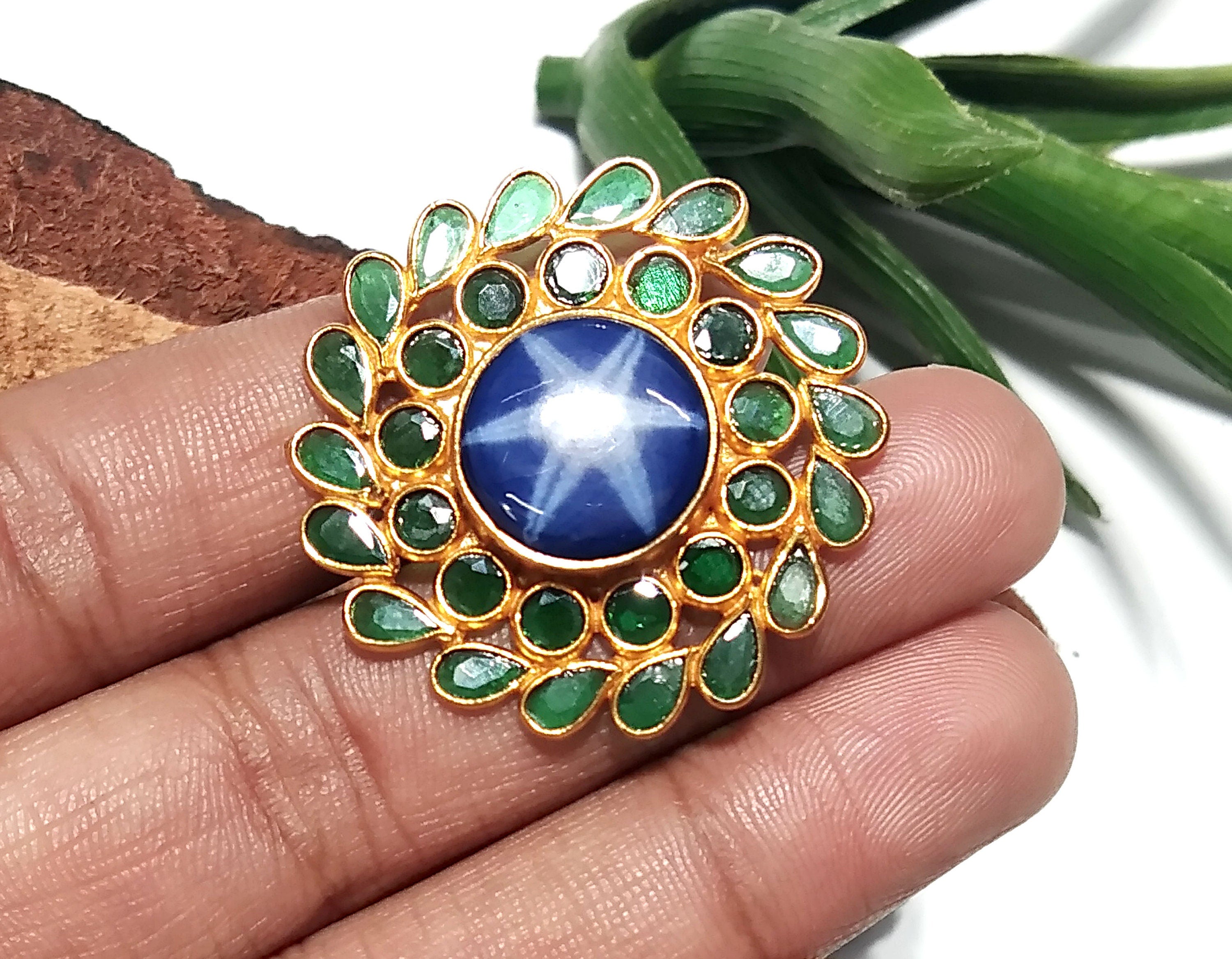 Natural Blue Sapphire Lindy Star & Green Zircon Polki Ring, 925 Silver With Gold Plated Ring, Handmade Jewelry Ring, Gift For Girls/Women